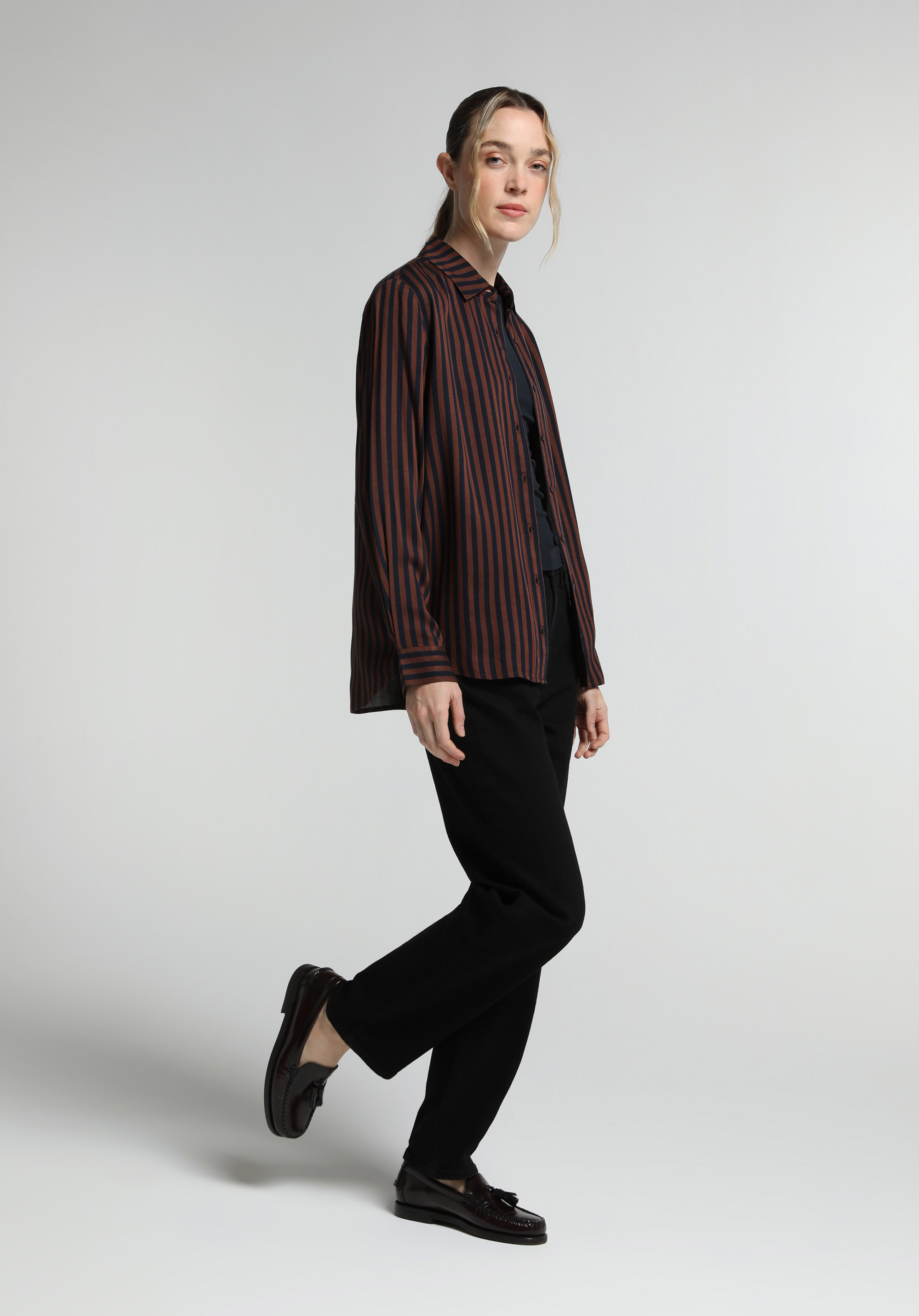 Fashion Fit Shirt Neck Çizgili Kadın Kahverengi Uzun Kol Gömlek