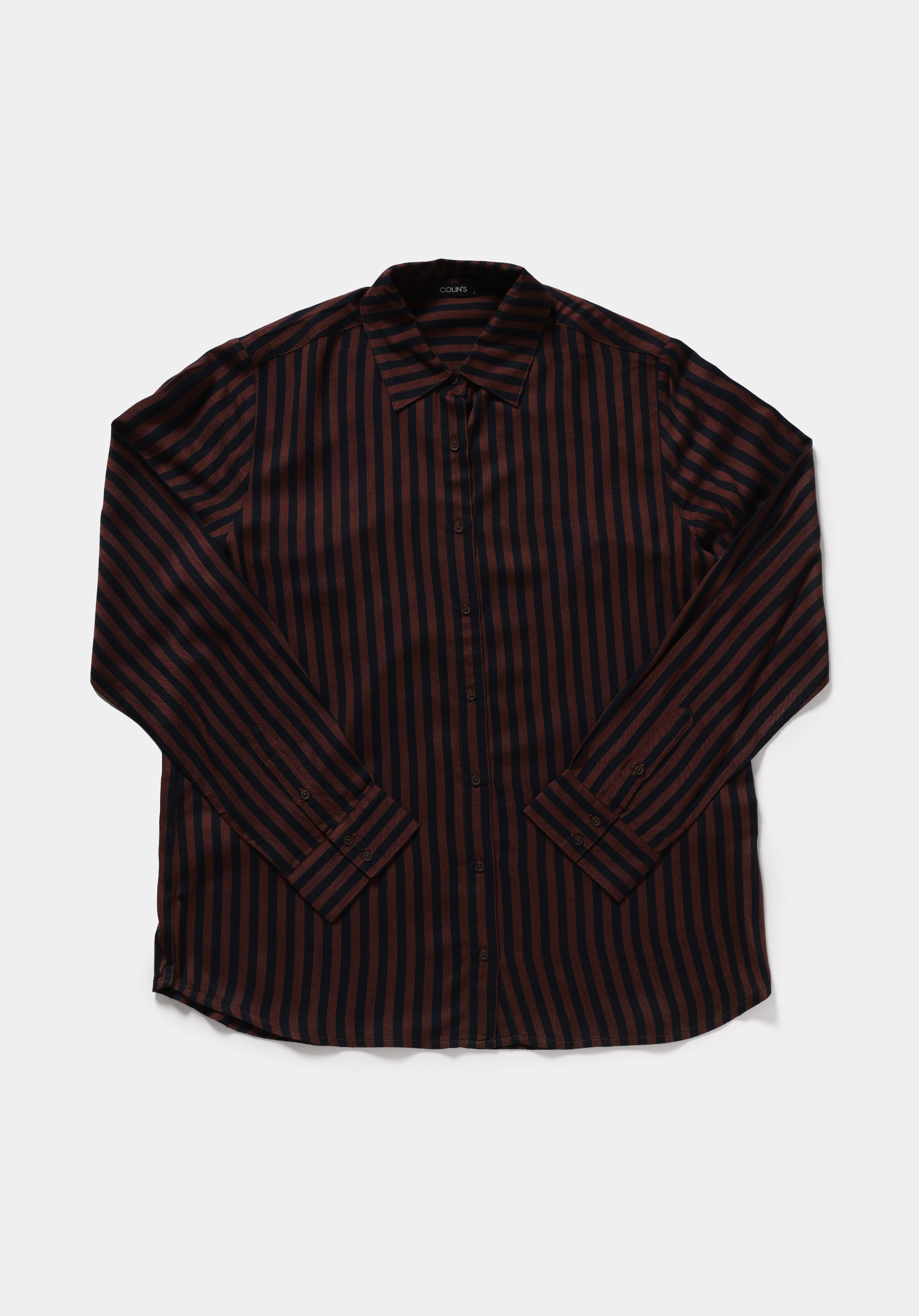 Fashion Fit Shirt Neck Çizgili Kadın Kahverengi Uzun Kol Gömlek