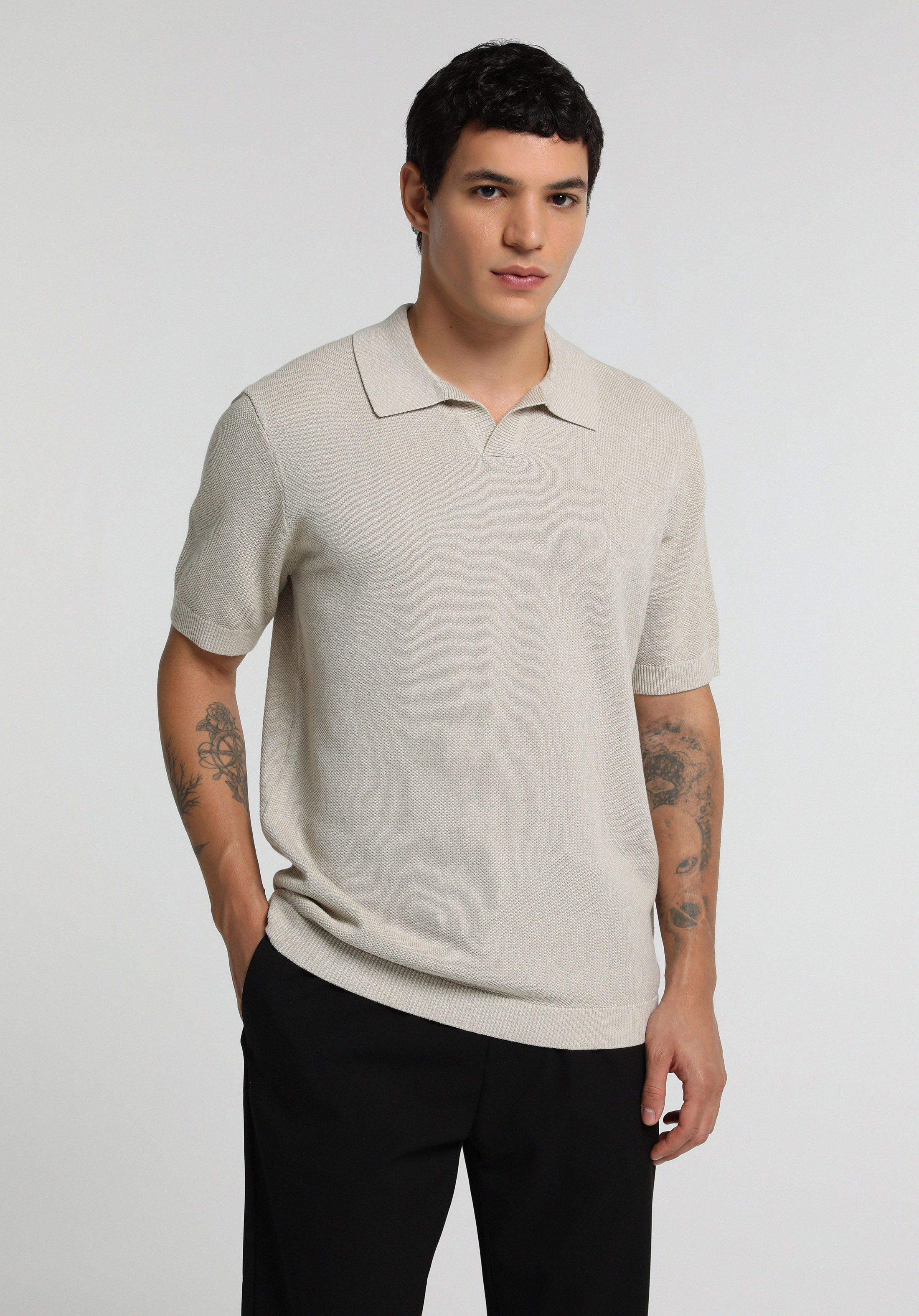 Regular Fit Polo Yaka Düz Erkek Taş Kısa Kol Kazak