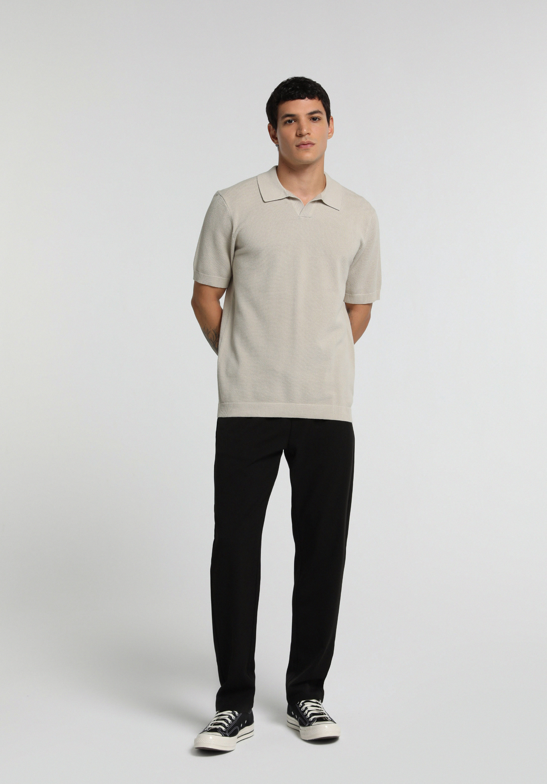 Regular Fit Polo Yaka Düz Erkek Taş Kısa Kol Kazak