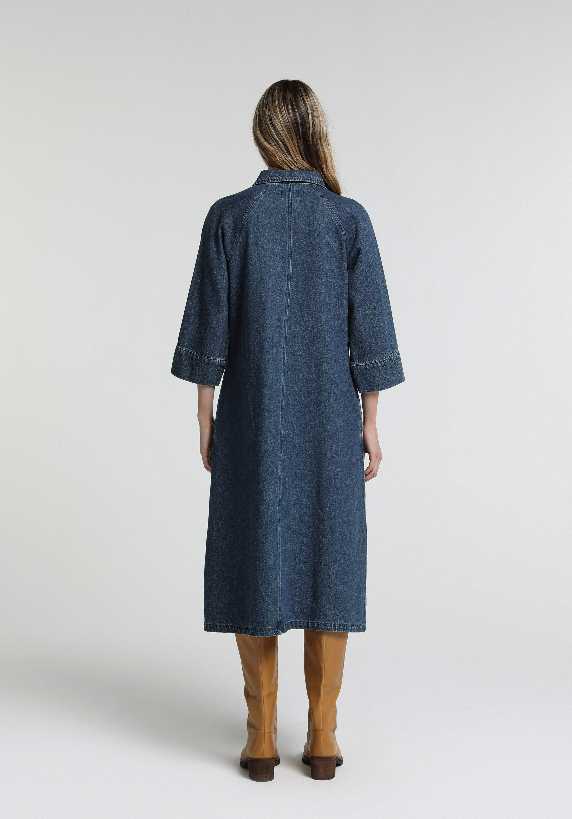 Oversize Fit Düz Kadın Dark İndigo Denim ¾ Kol Elbise