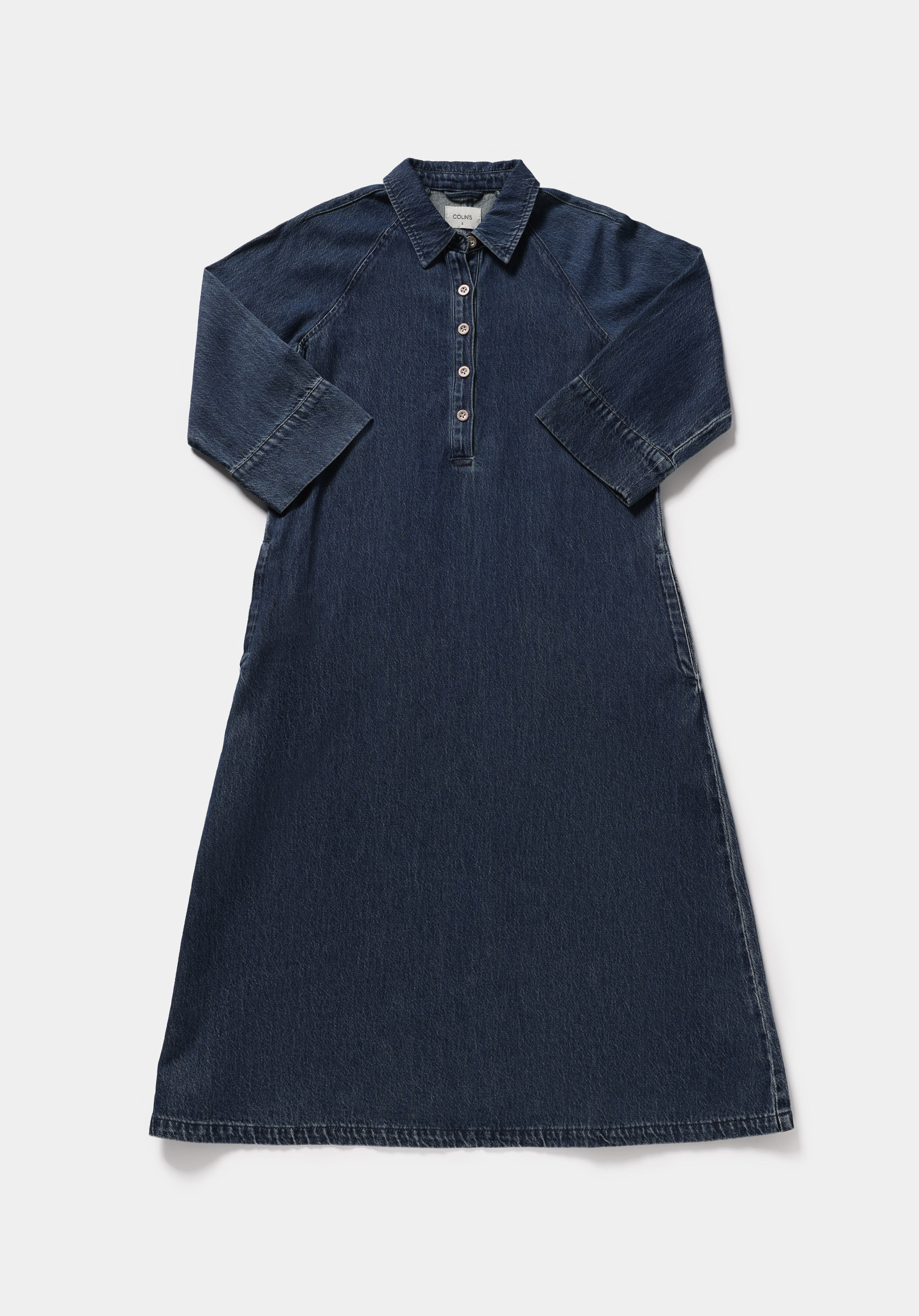 Oversize Fit Düz Kadın Dark İndigo Denim ¾ Kol Elbise