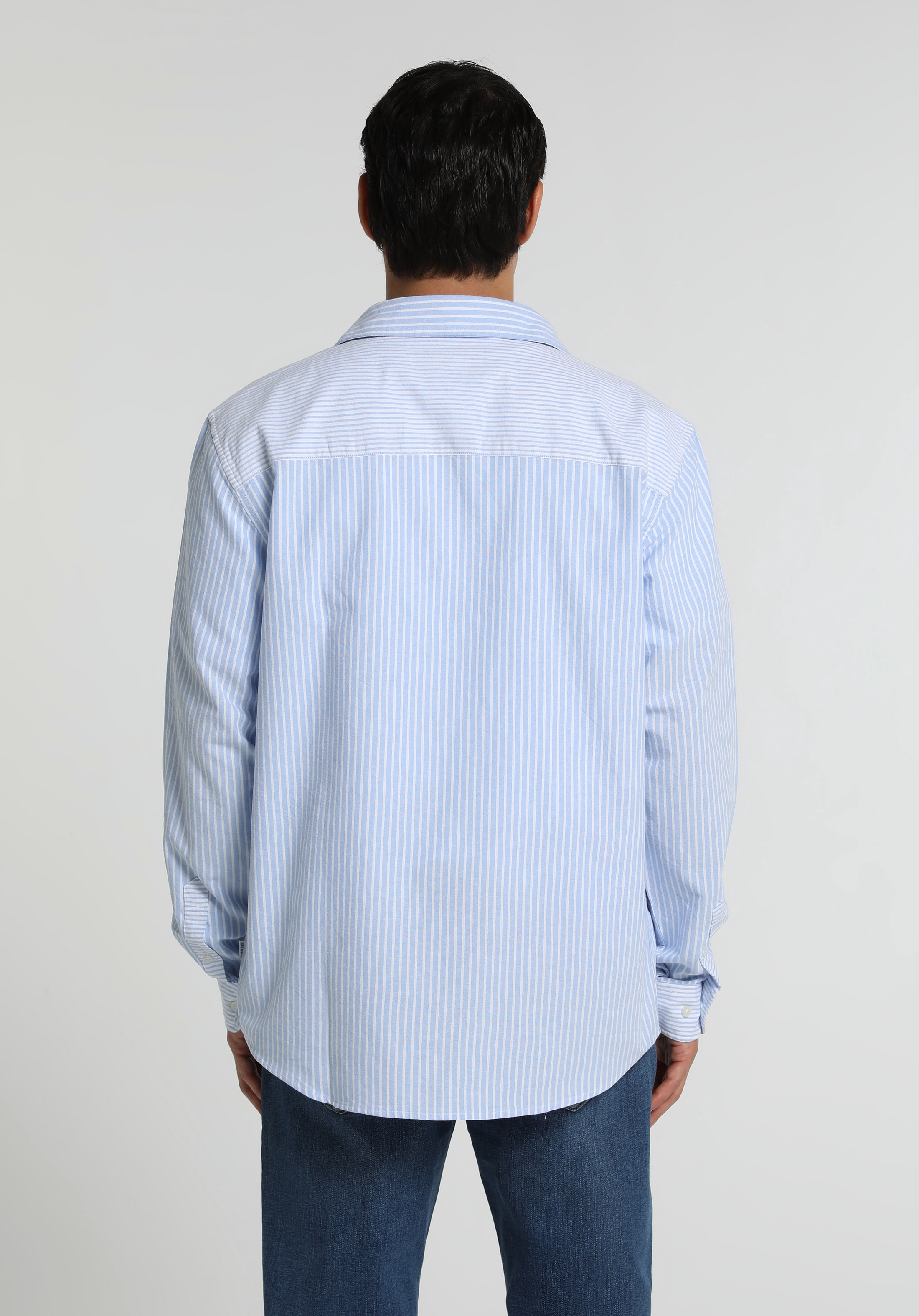Regular Fit Shirt Neck Çizgili Erkek Mavi Uzun Kol Gömlek
