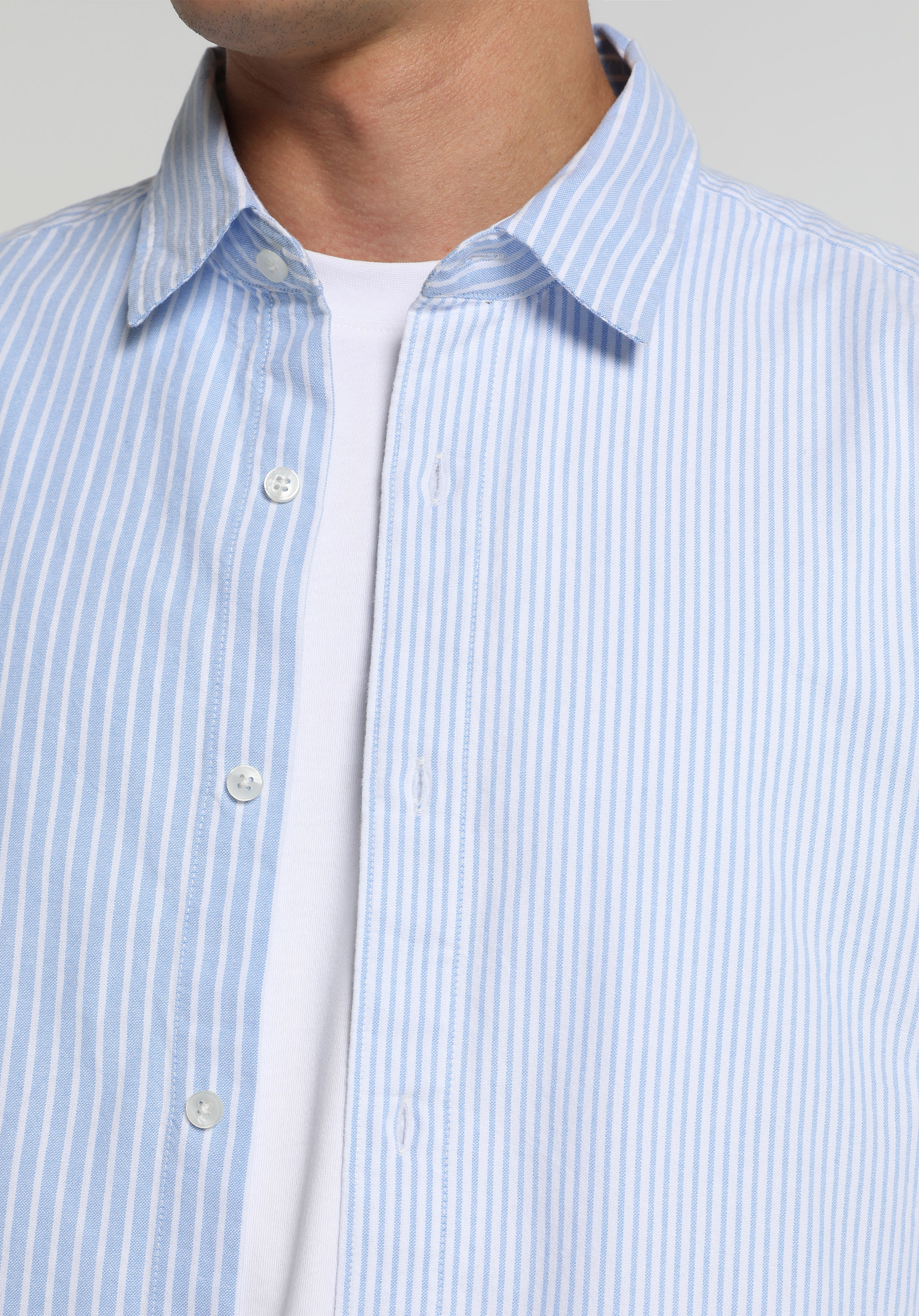 Regular Fit Shirt Neck Çizgili Erkek Mavi Uzun Kol Gömlek