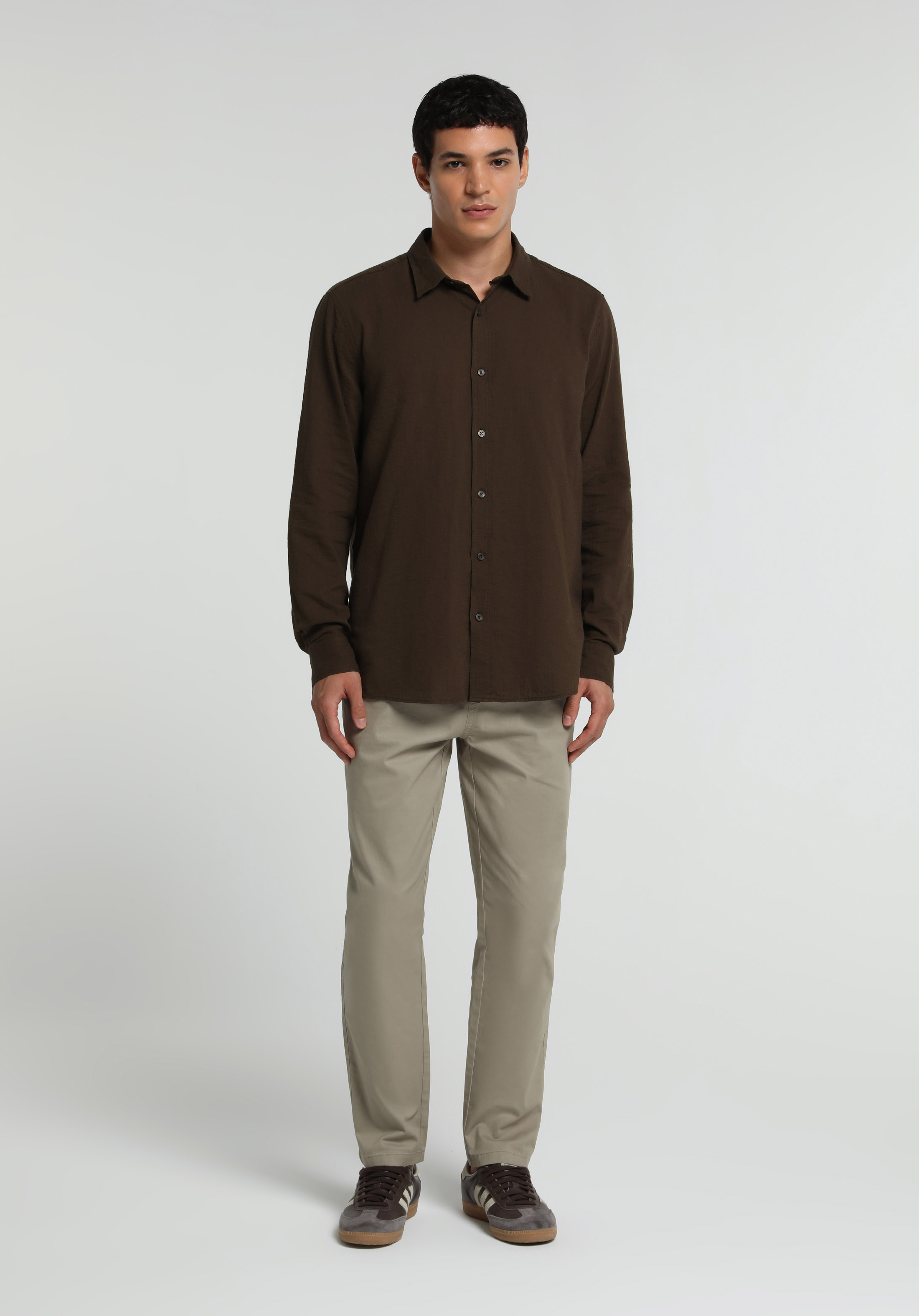 Regular Fit Shirt Neck Düz Erkek Kahverengi Uzun Kol Gömlek