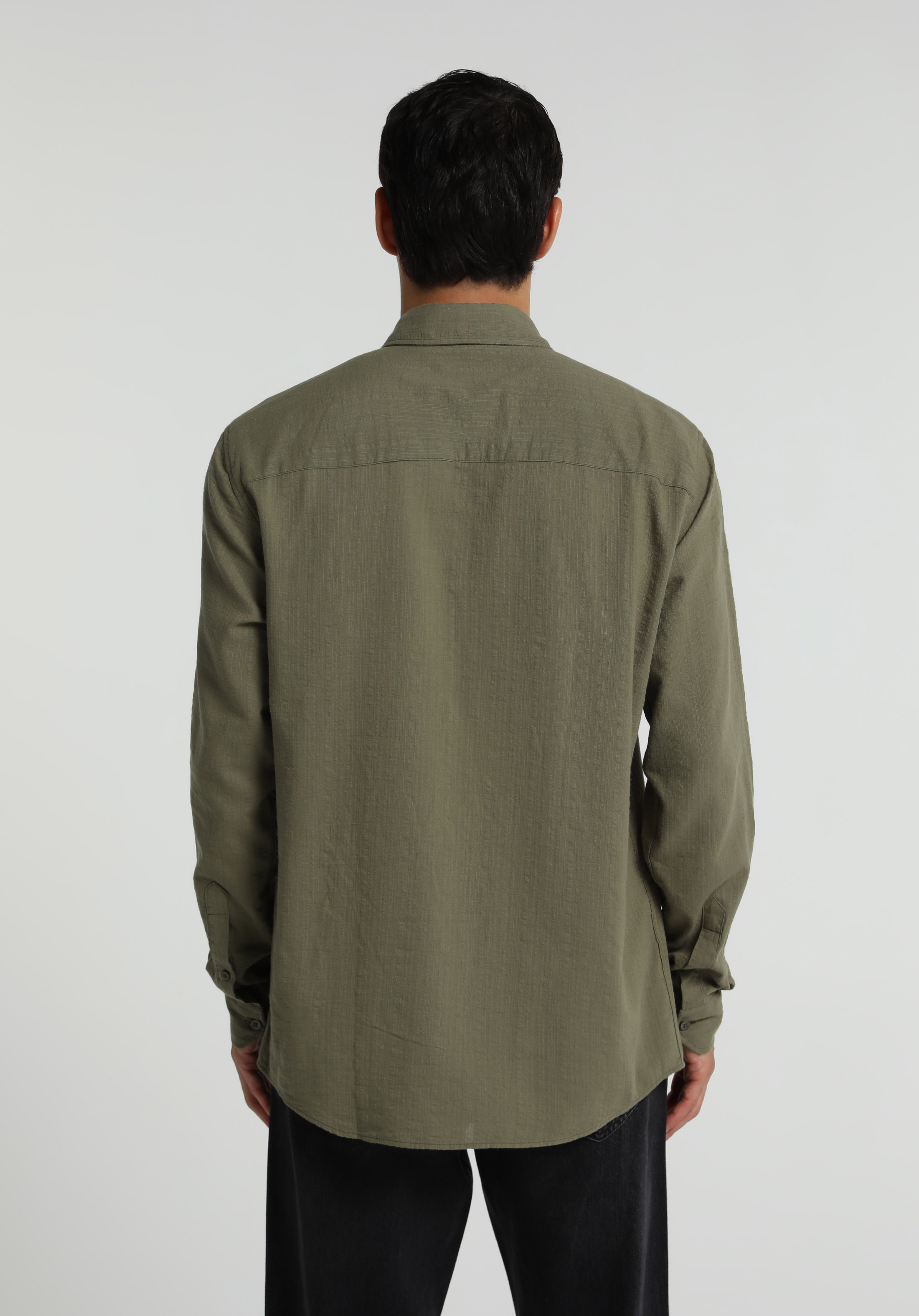 Regular Fit Shirt Neck Düz Erkek Yeşil Uzun Kol Gömlek