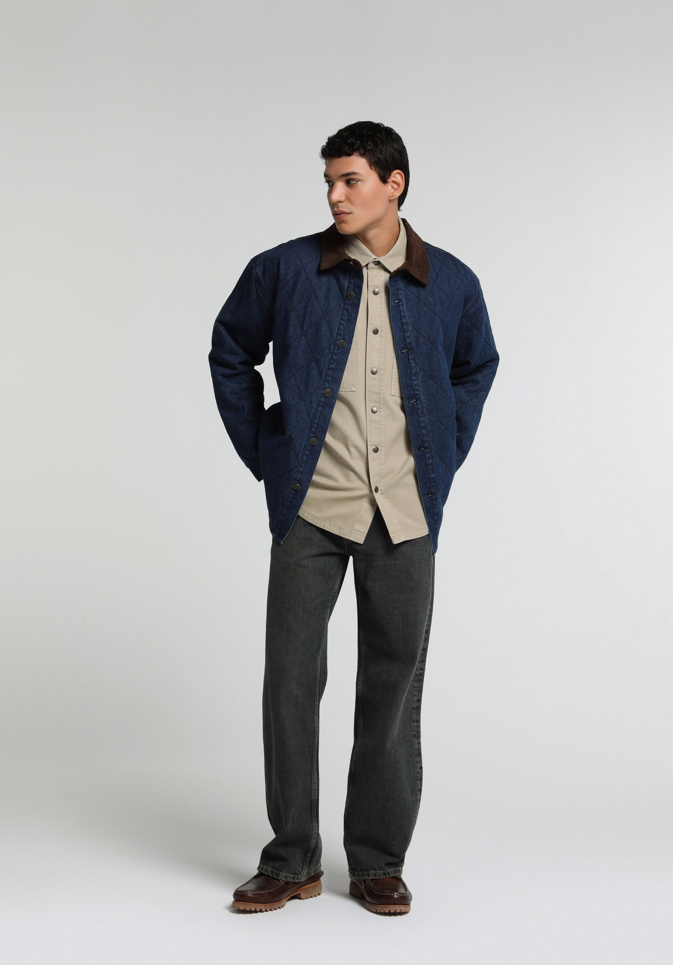 Oversize Fit Düğmeli Astarlı  Erkek Dark İndigo Denim Ceket