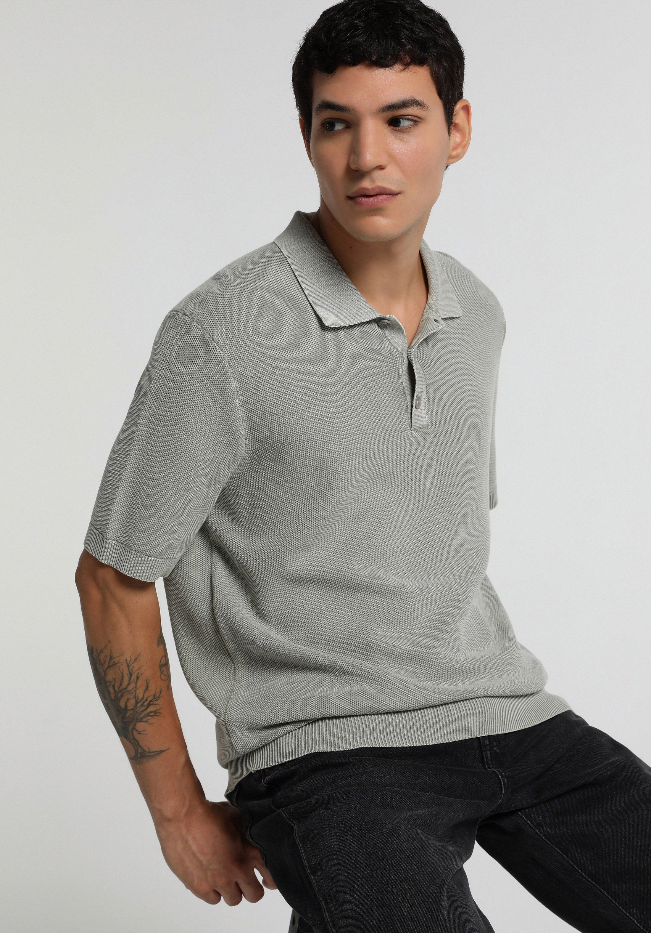 Regular Fit Polo Yaka Düz Erkek Gri Kısa Kol Kazak