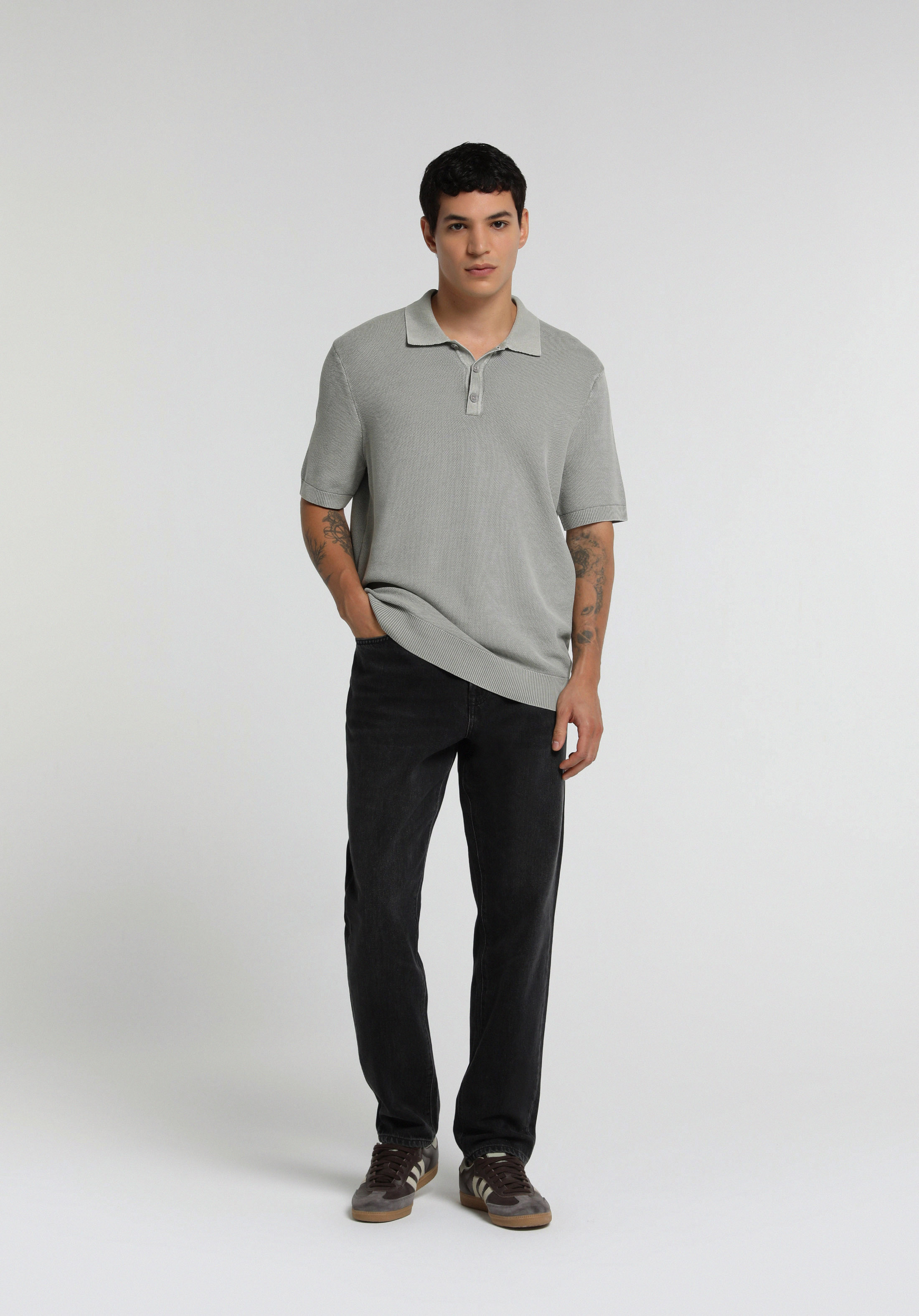 Regular Fit Polo Yaka Düz Erkek Gri Kısa Kol Kazak