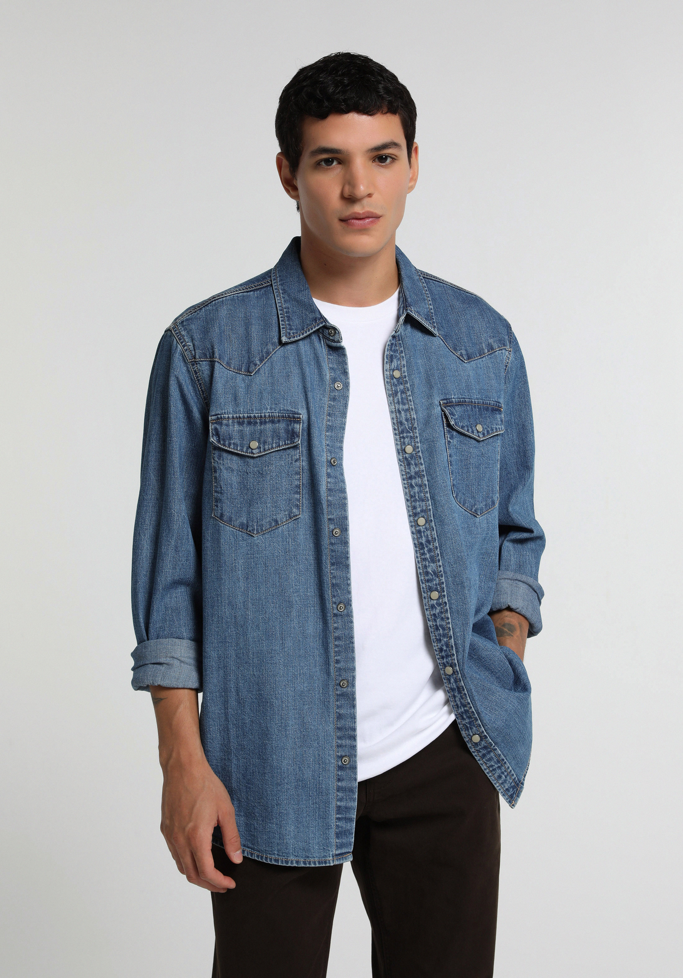 Regular Fit Klasik Yaka Düz Erkek Mid İndigo Denim Uzun Kol Gömlek