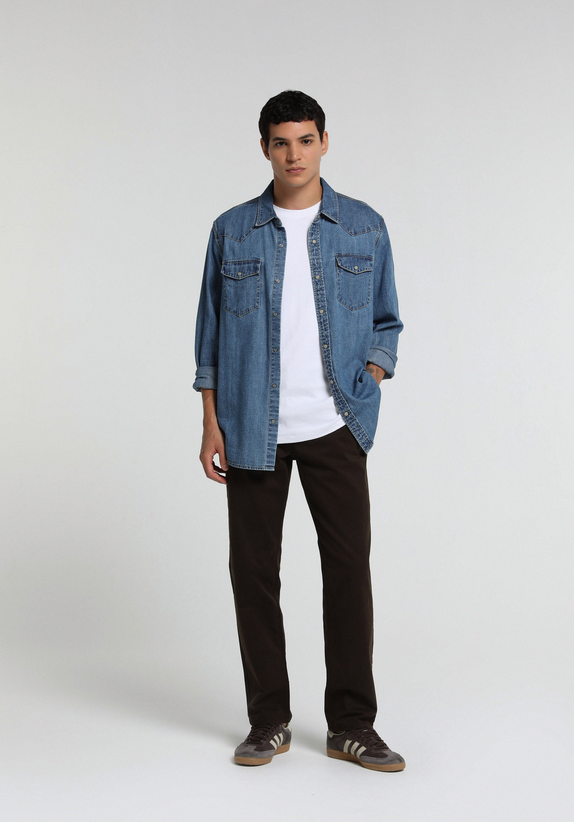Regular Fit Klasik Yaka Düz Erkek Mid İndigo Denim Uzun Kol Gömlek