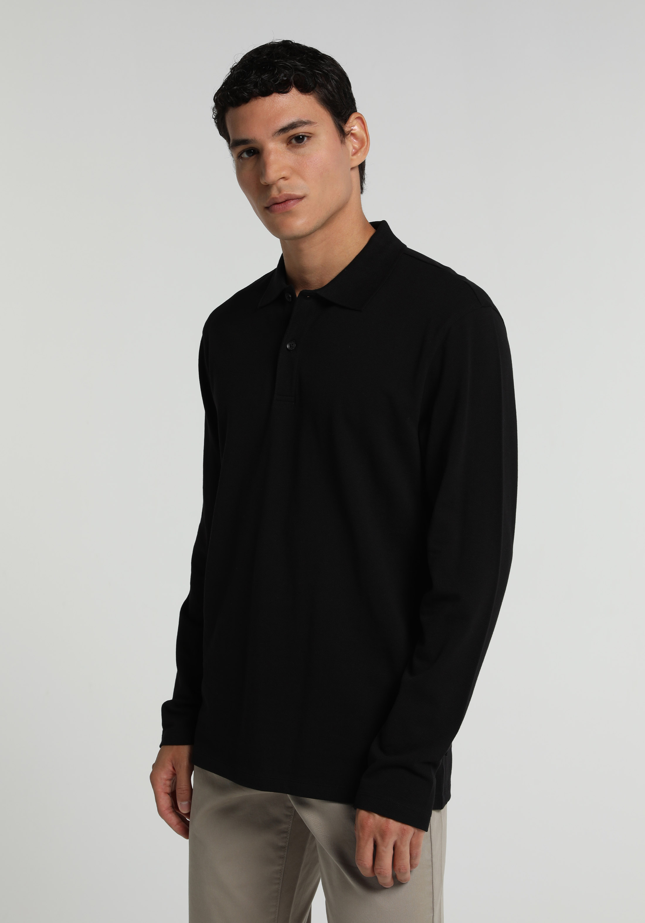 Regular Fit Polo Yaka Düz Erkek Siyah Uzun Kol Tişört