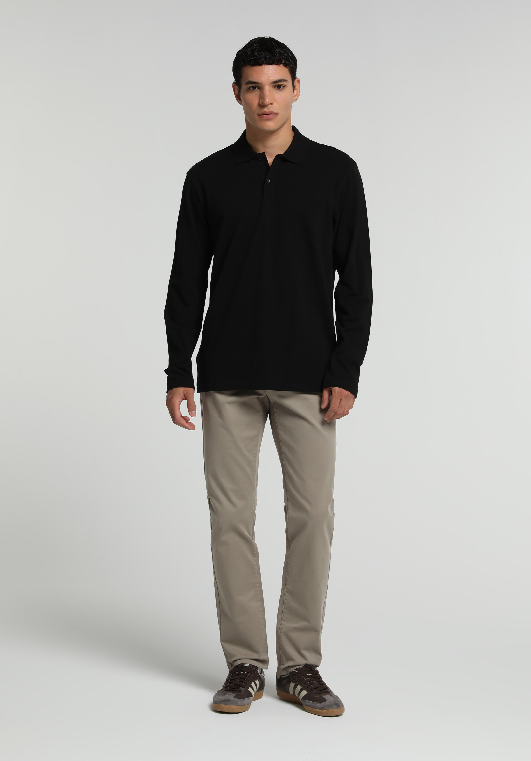 Regular Fit Polo Yaka Düz Erkek Siyah Uzun Kol Tişört