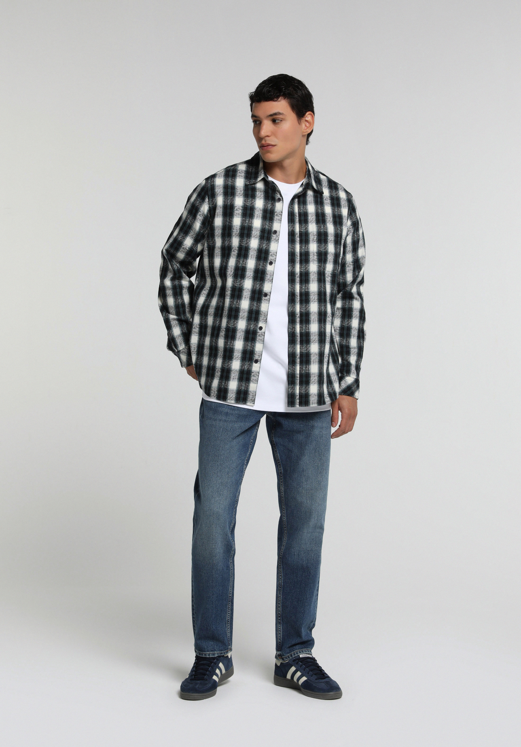 Regular Fit Shirt Neck Ekoseli Erkek Yeşil Uzun Kol Gömlek