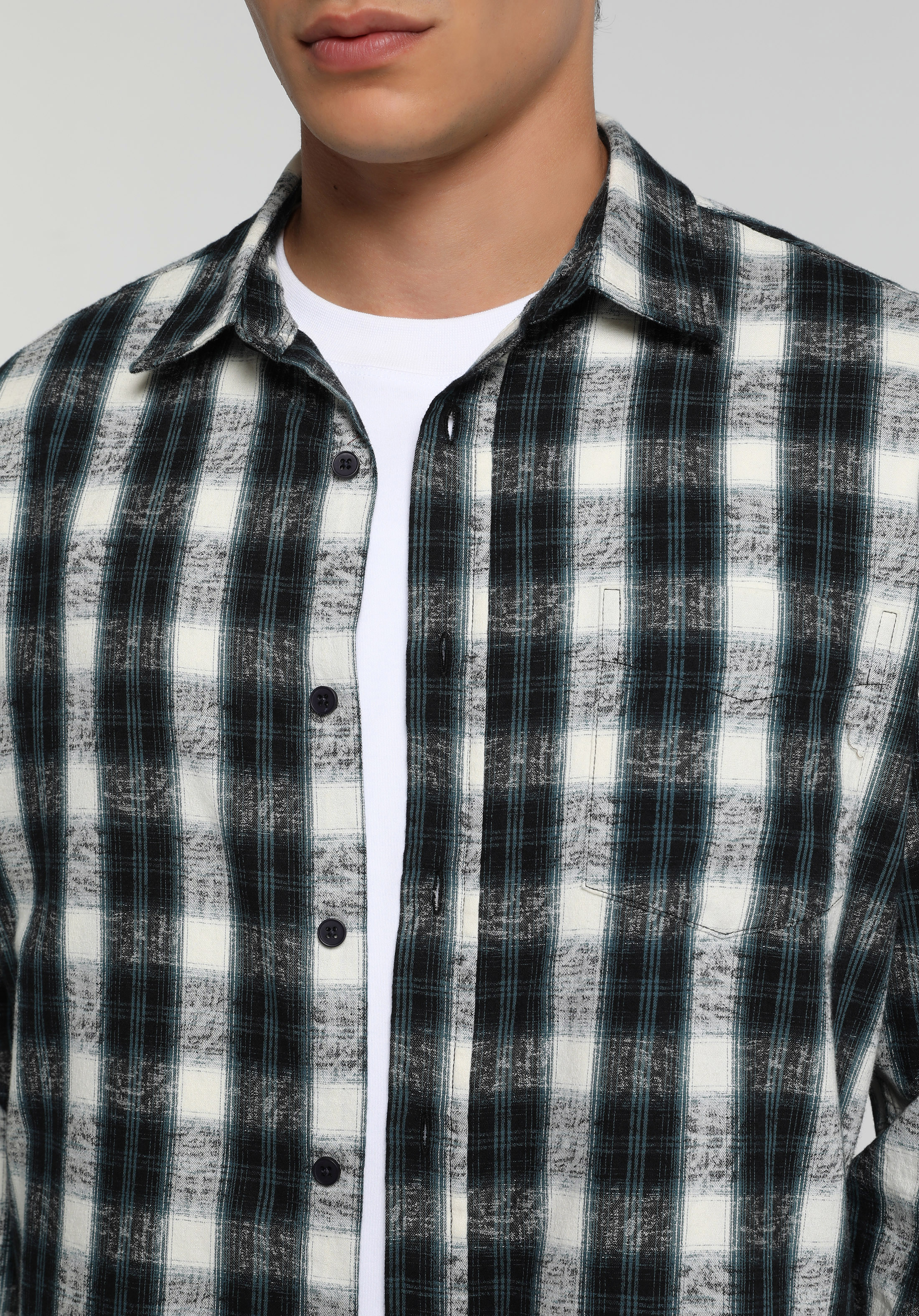 Regular Fit Shirt Neck Ekoseli Erkek Yeşil Uzun Kol Gömlek
