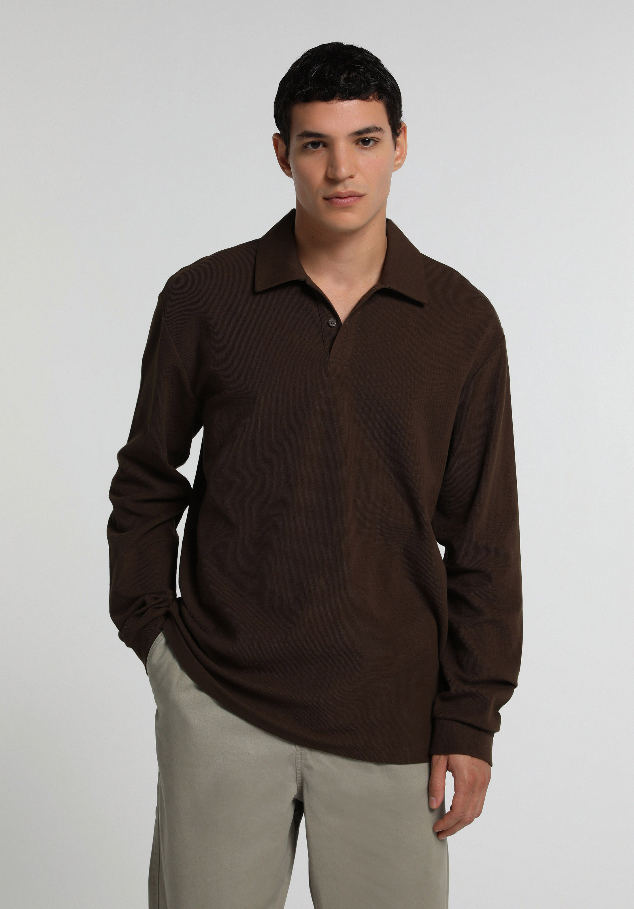 Relaxed Fit Polo Yaka Düz Erkek Kahverengi Uzun Kol Tişört