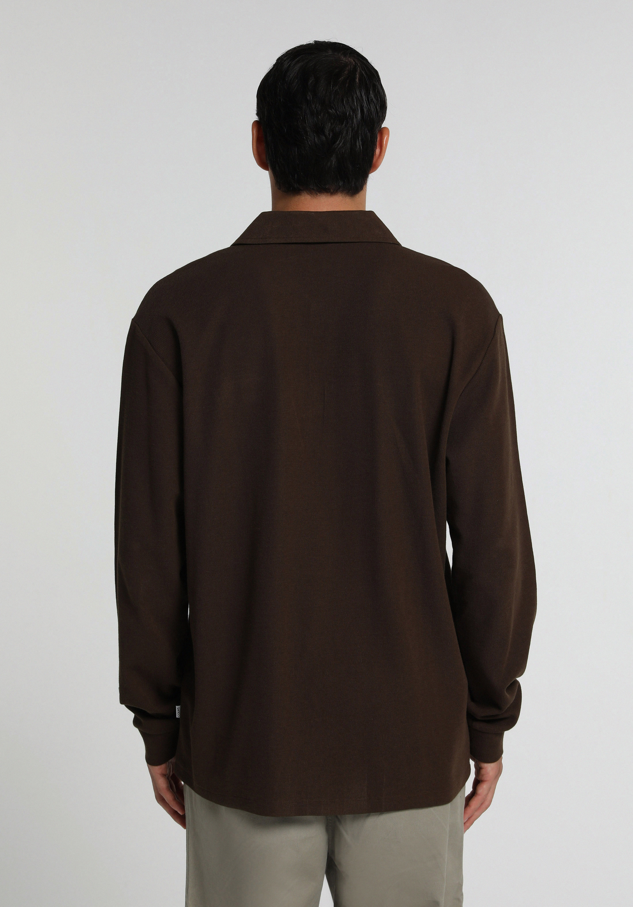 Relaxed Fit Polo Yaka Düz Erkek Kahverengi Uzun Kol Tişört
