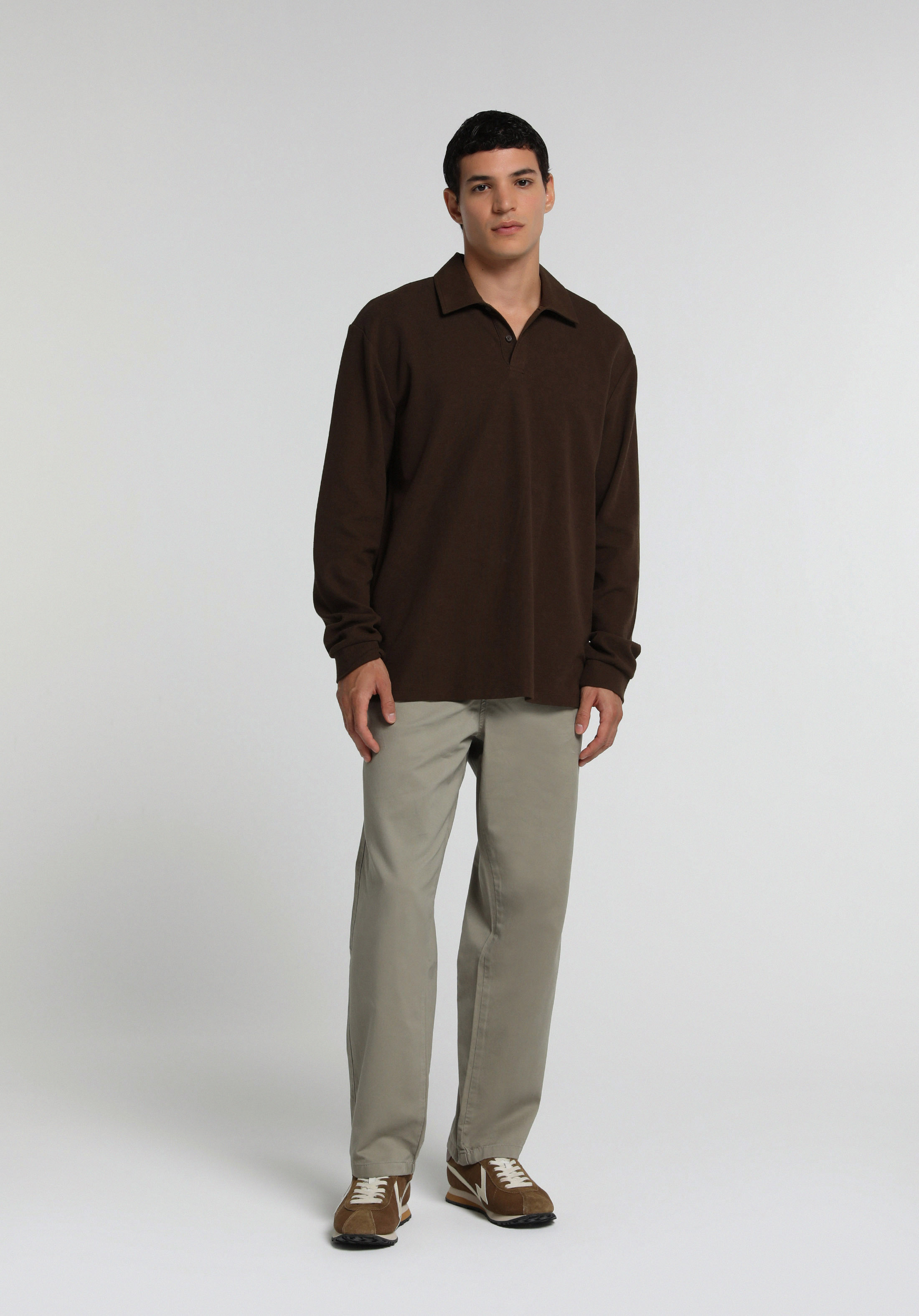 Relaxed Fit Polo Yaka Düz Erkek Kahverengi Uzun Kol Tişört