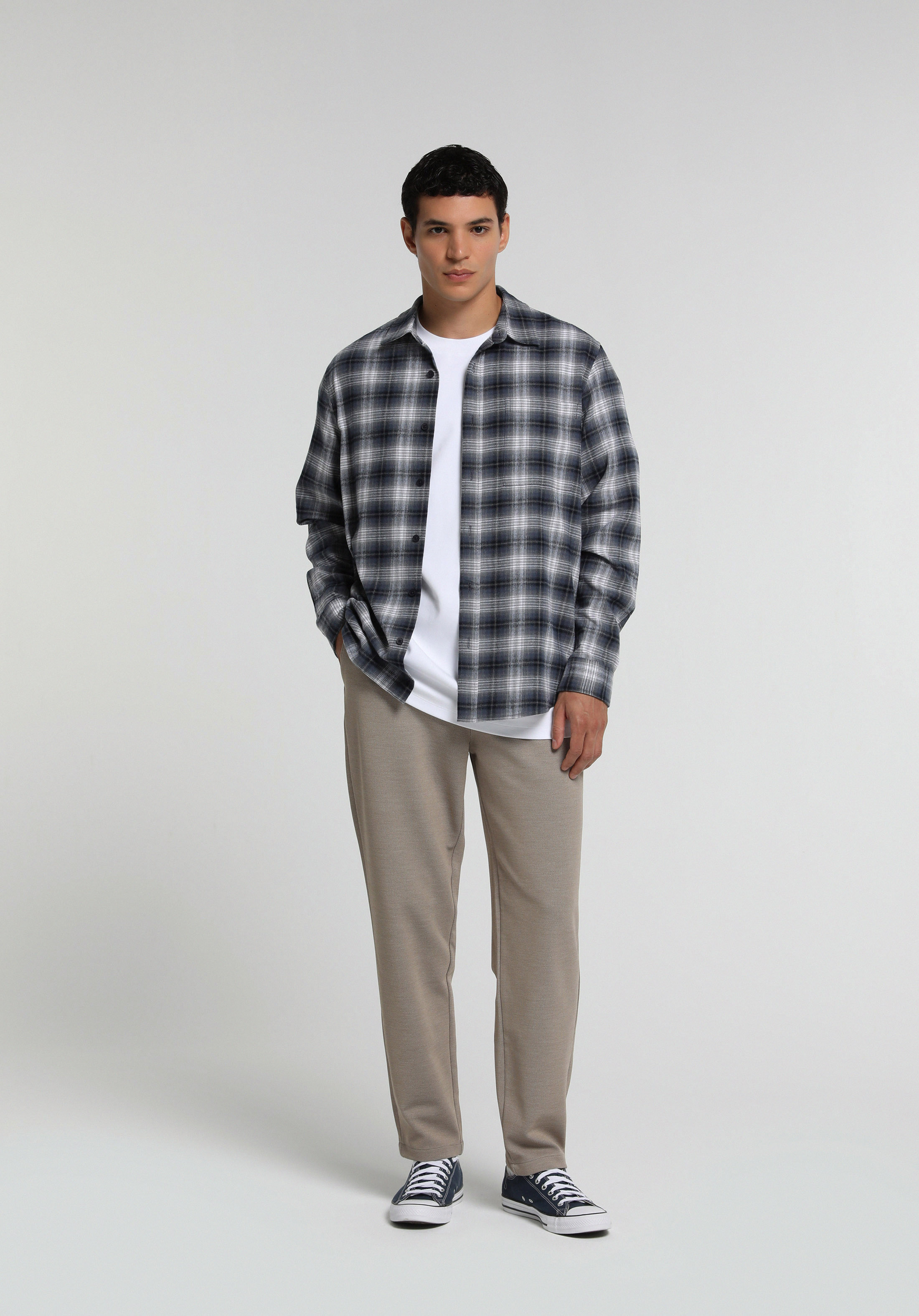 Regular Fit Shirt Neck Ekoseli Erkek Lacivert Uzun Kol Gömlek