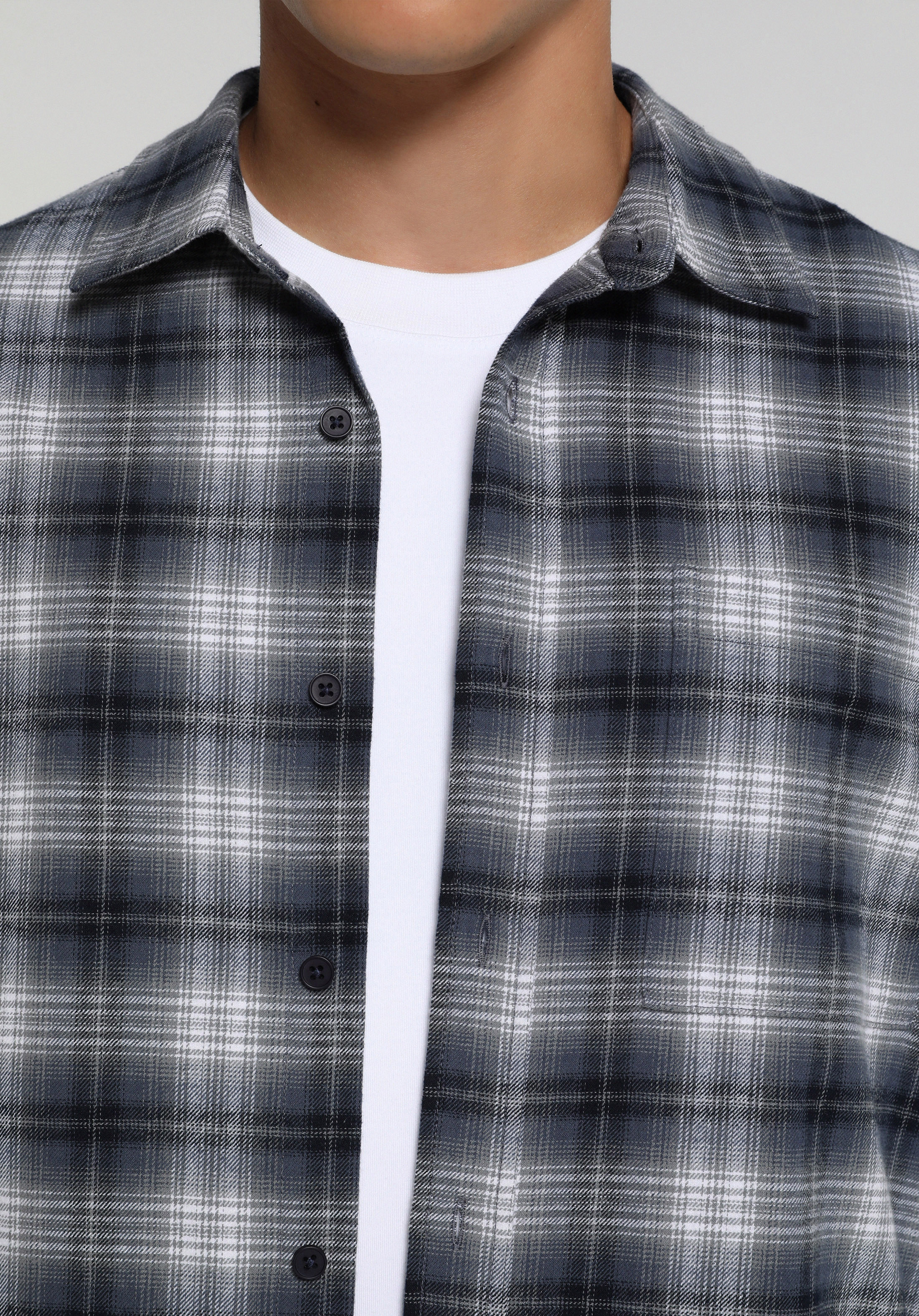 Regular Fit Shirt Neck Ekoseli Erkek Lacivert Uzun Kol Gömlek