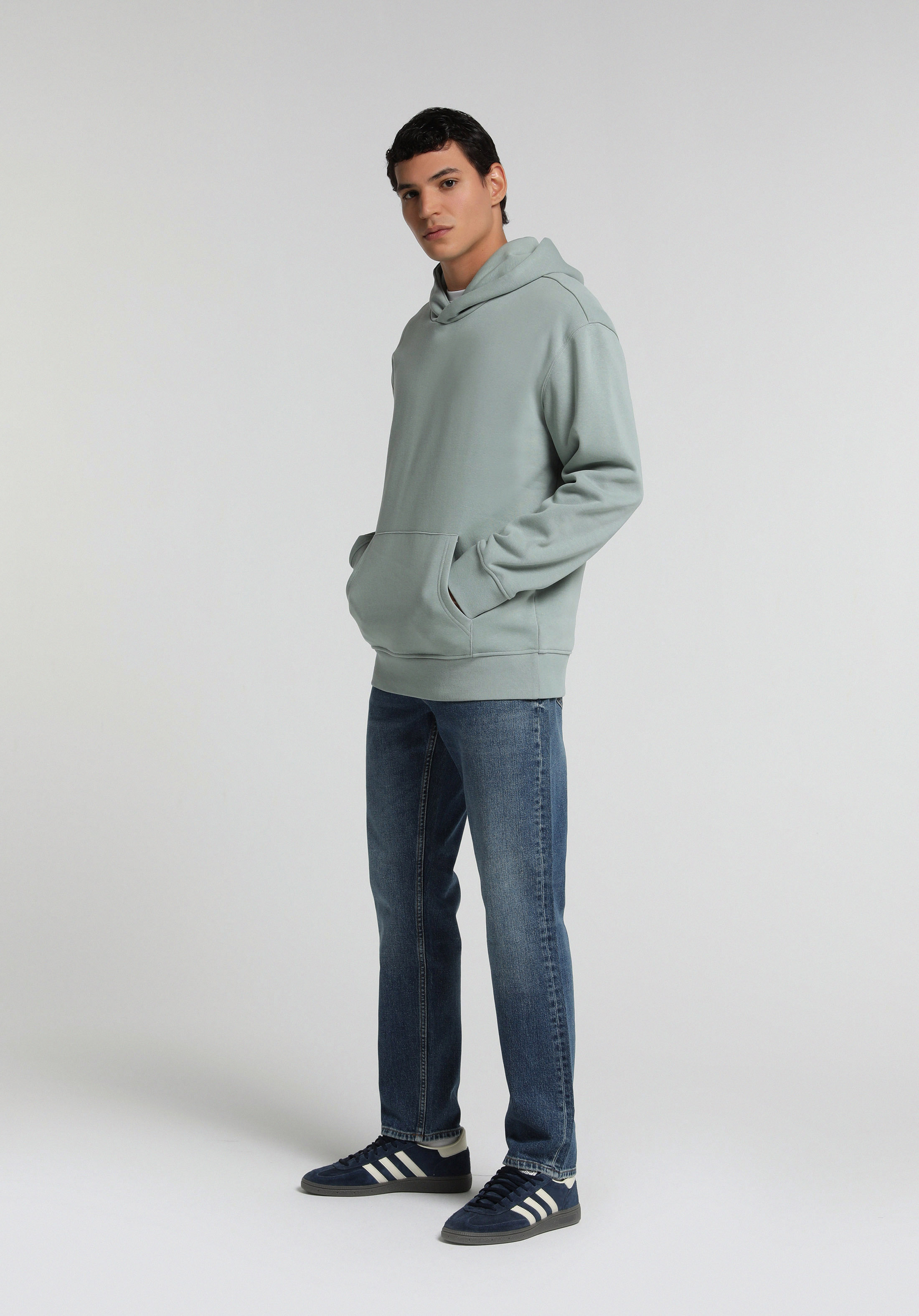Relaxed Fit Kapüşonlu Düz Erkek Yeşil Sweatshirt