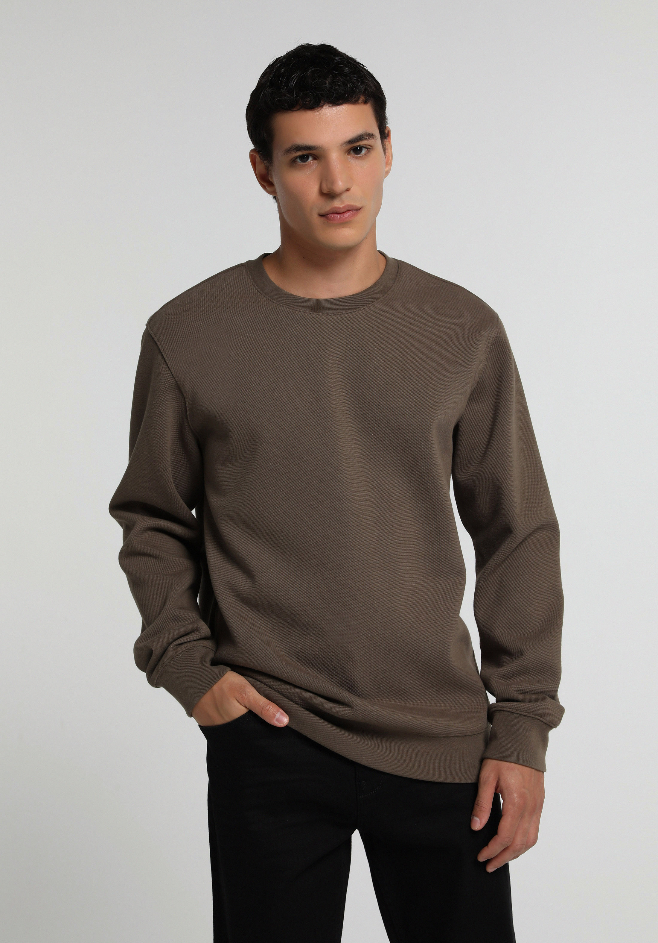 Regular Fit Yuvarlak Yaka Düz Erkek Kahverengi Sweatshirt