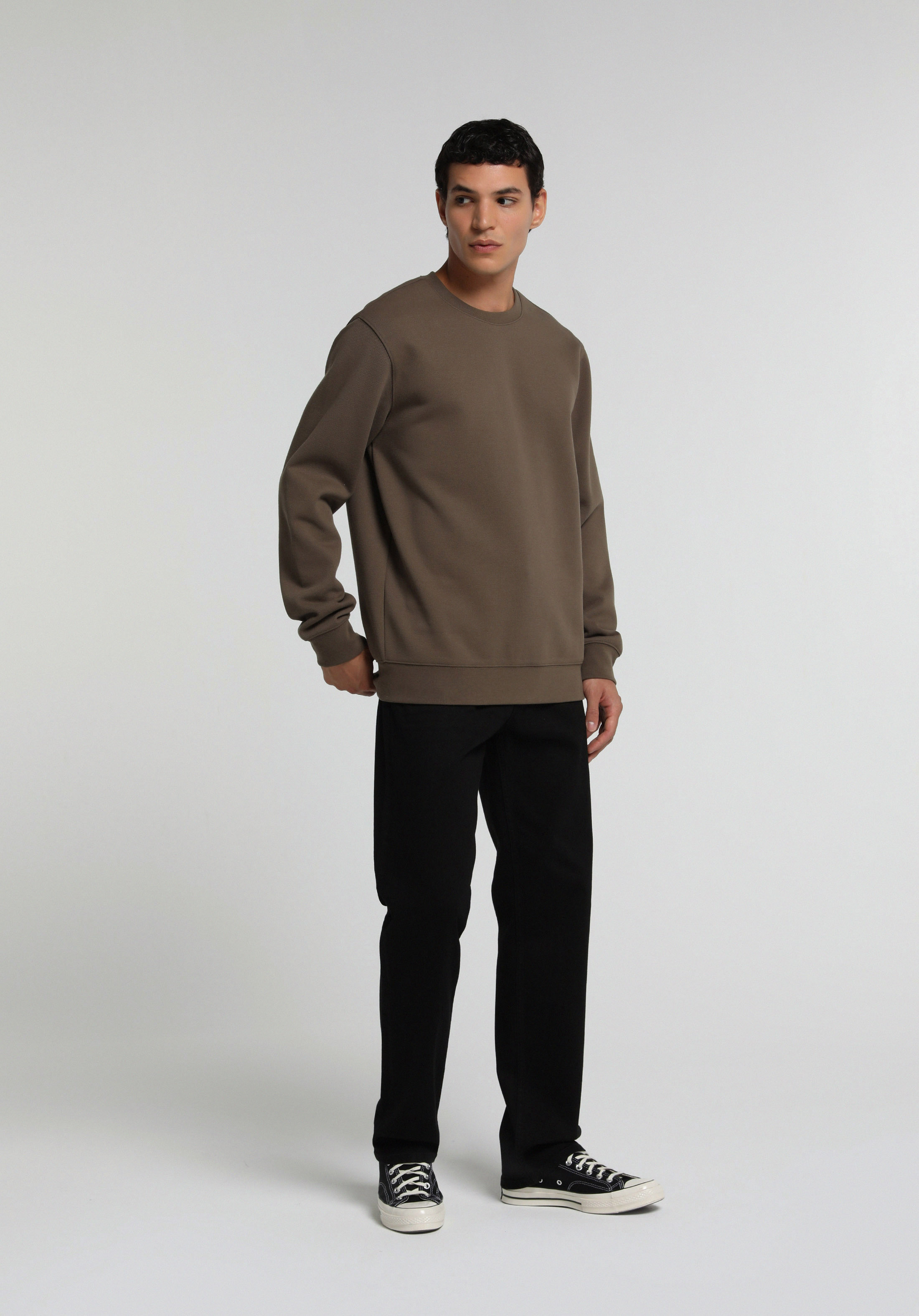 Regular Fit Yuvarlak Yaka Düz Erkek Kahverengi Sweatshirt