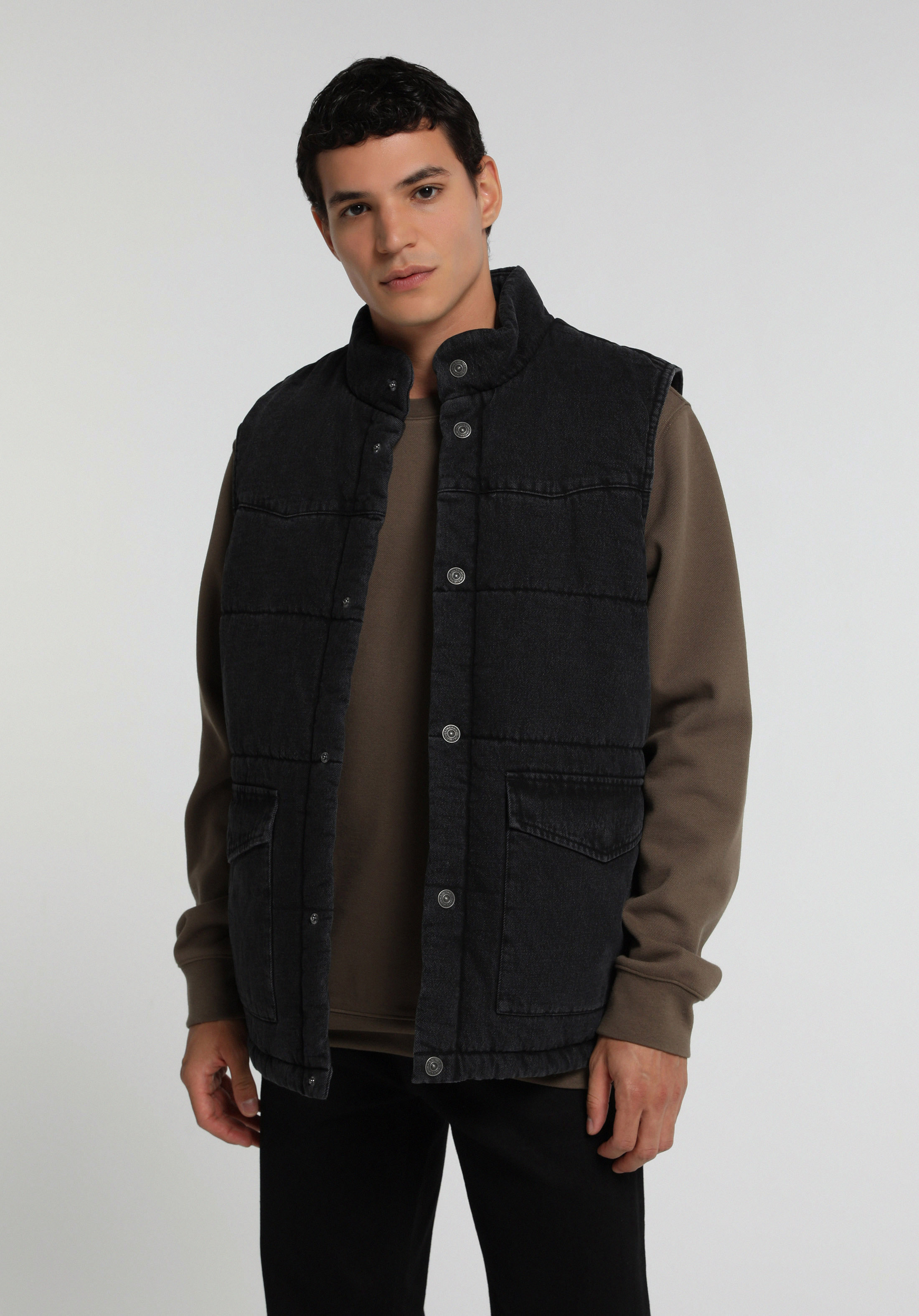 Regular Fit Dik Yaka Çıtçıtlı Astarlı  Erkek Black Denim Yelek