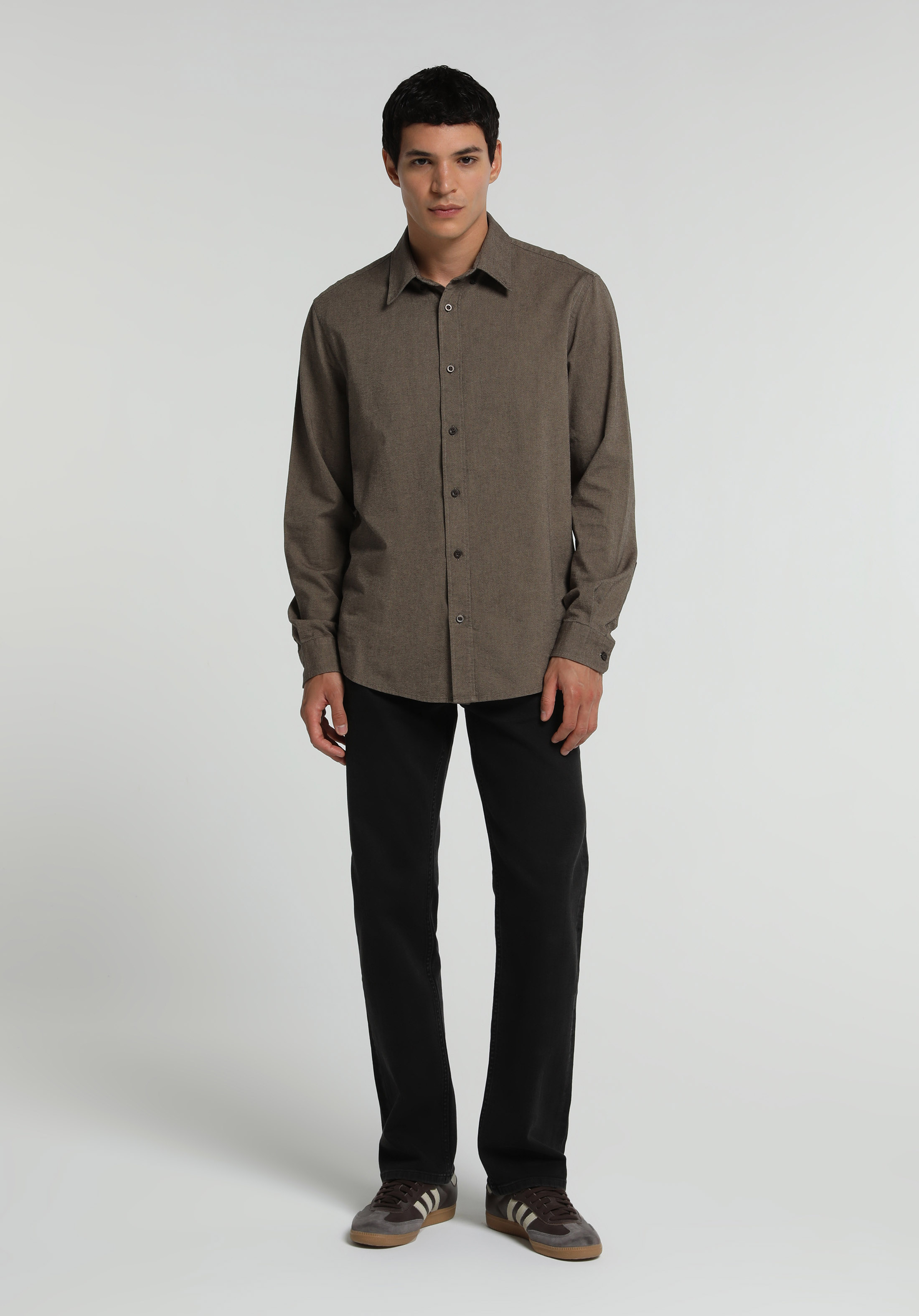 Regular Fit Shirt Neck Düz Erkek Kahverengi Uzun Kol Gömlek