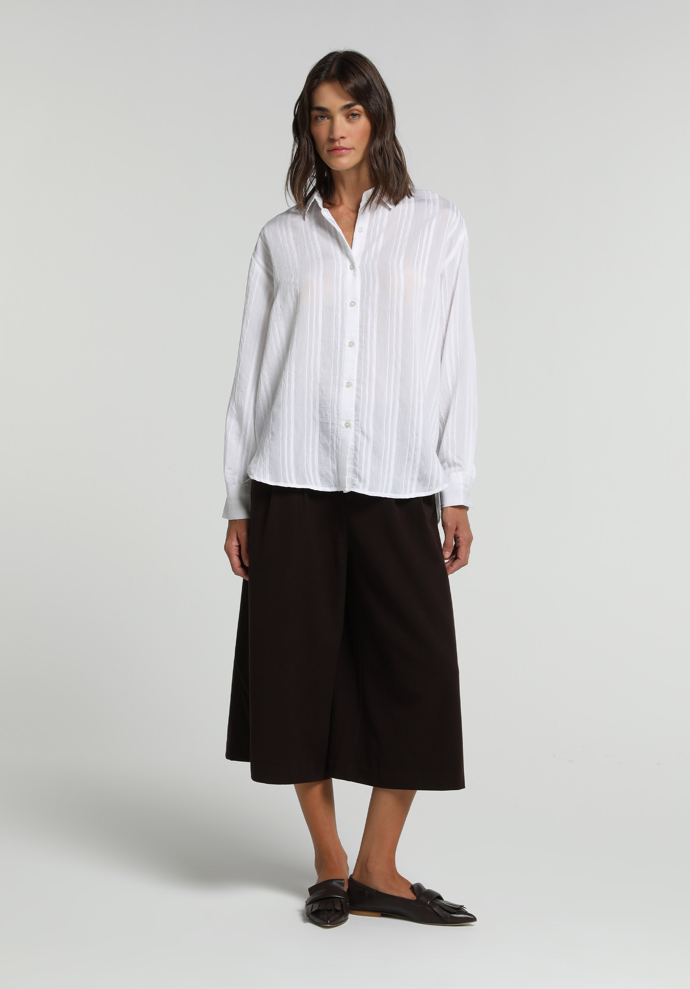 Boyfriend Fit Shirt Neck Jakarlı Kadın Beyaz Uzun Kol Gömlek