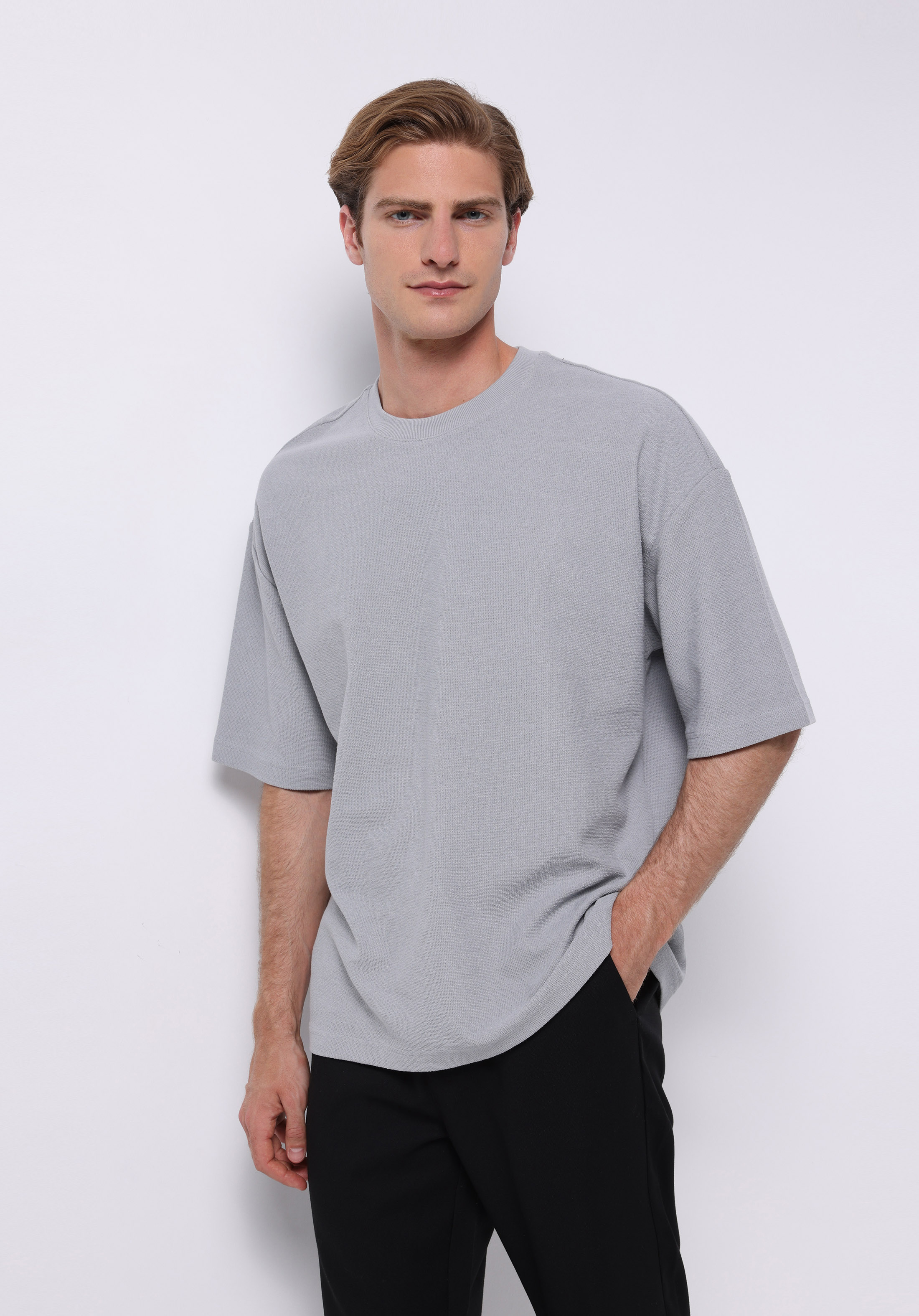 Oversize Fit Yuvarlak Yaka Düz Erkek Mavi Kısa Kol Tişört