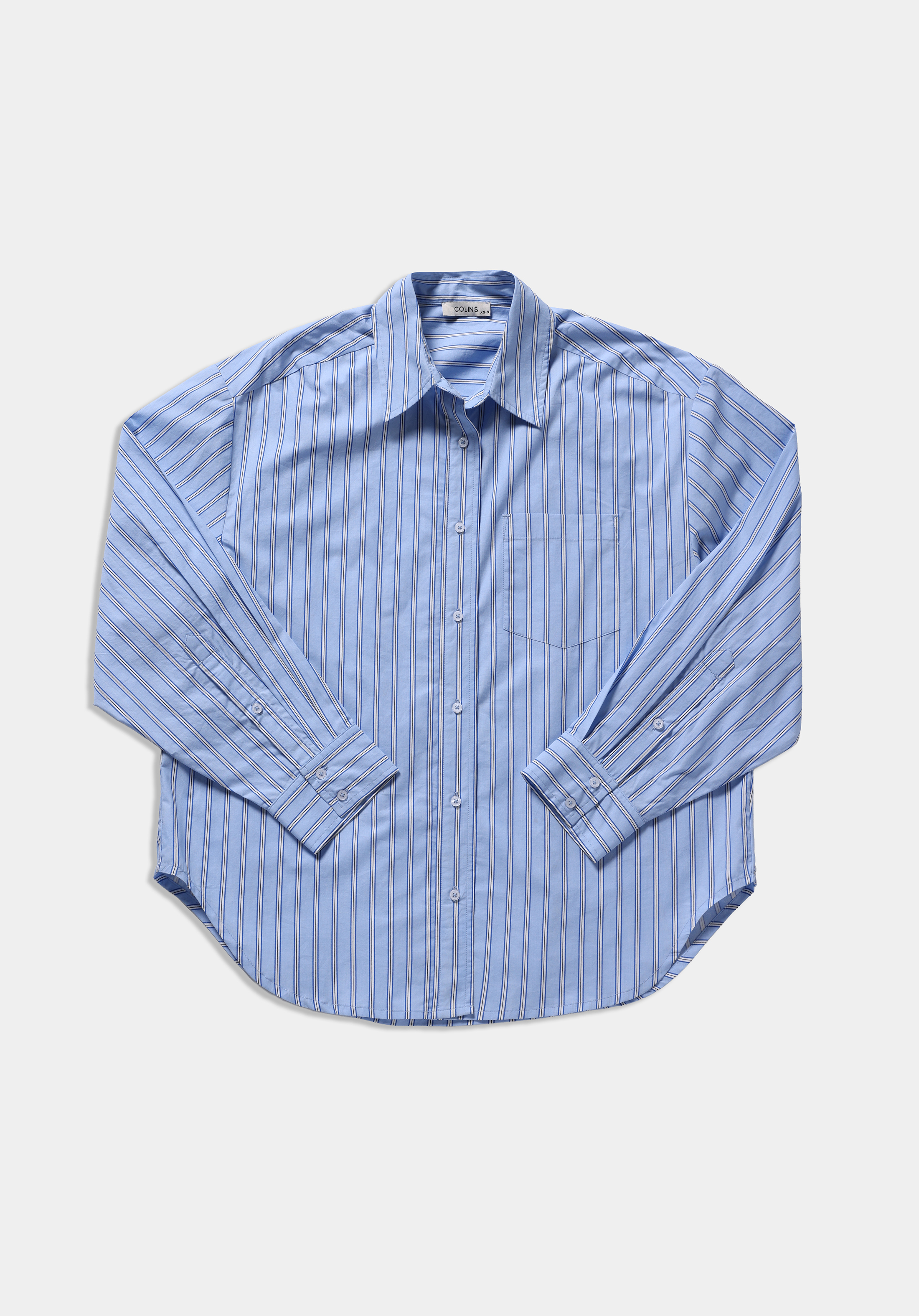 Oversize Shirt Neck Çizgili Kadın Mavi Uzun Kol Gömlek