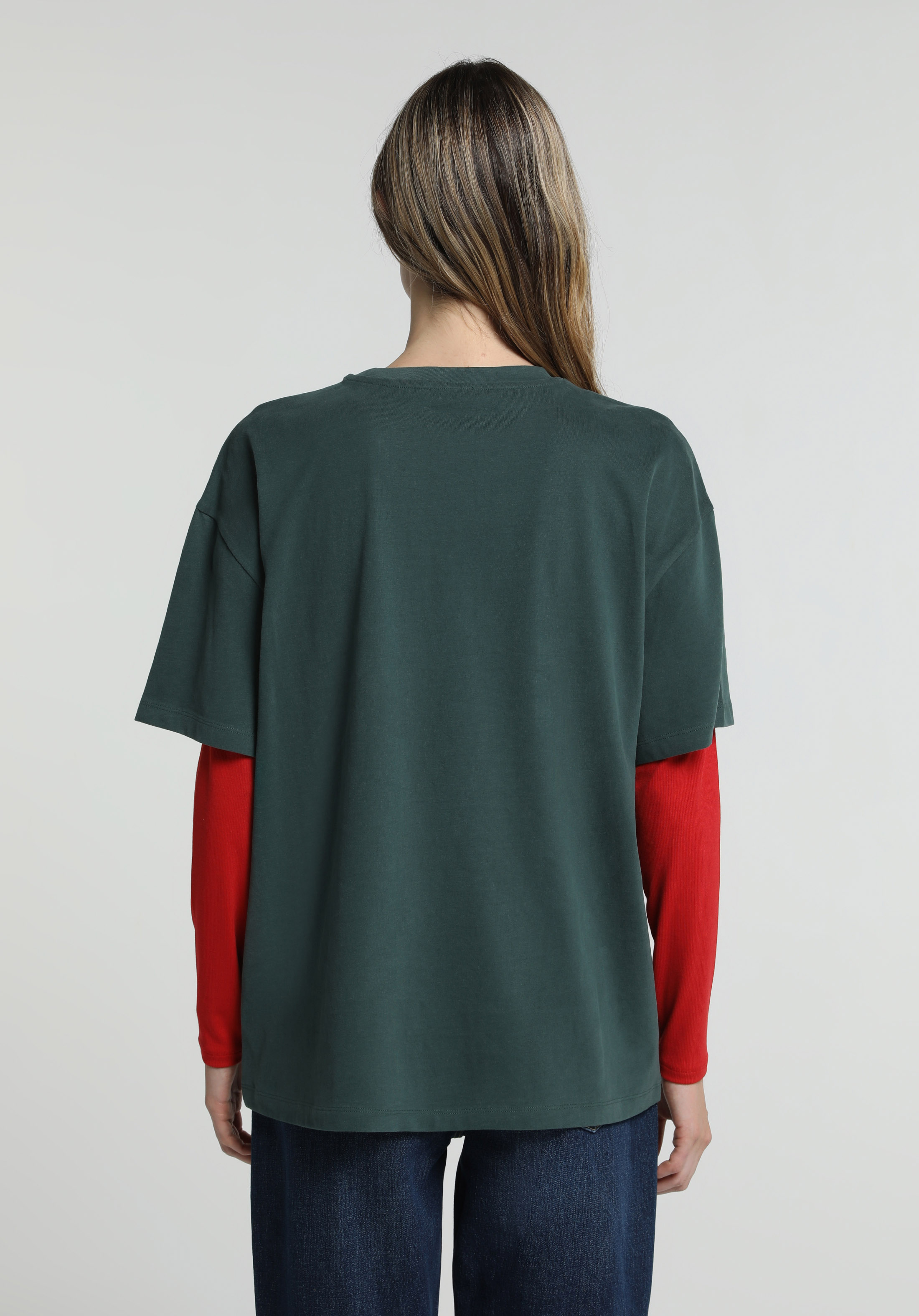 Oversize Fit Yuvarlak Yaka Baskılı Kadın Yeşil Kısa Kol Tişört