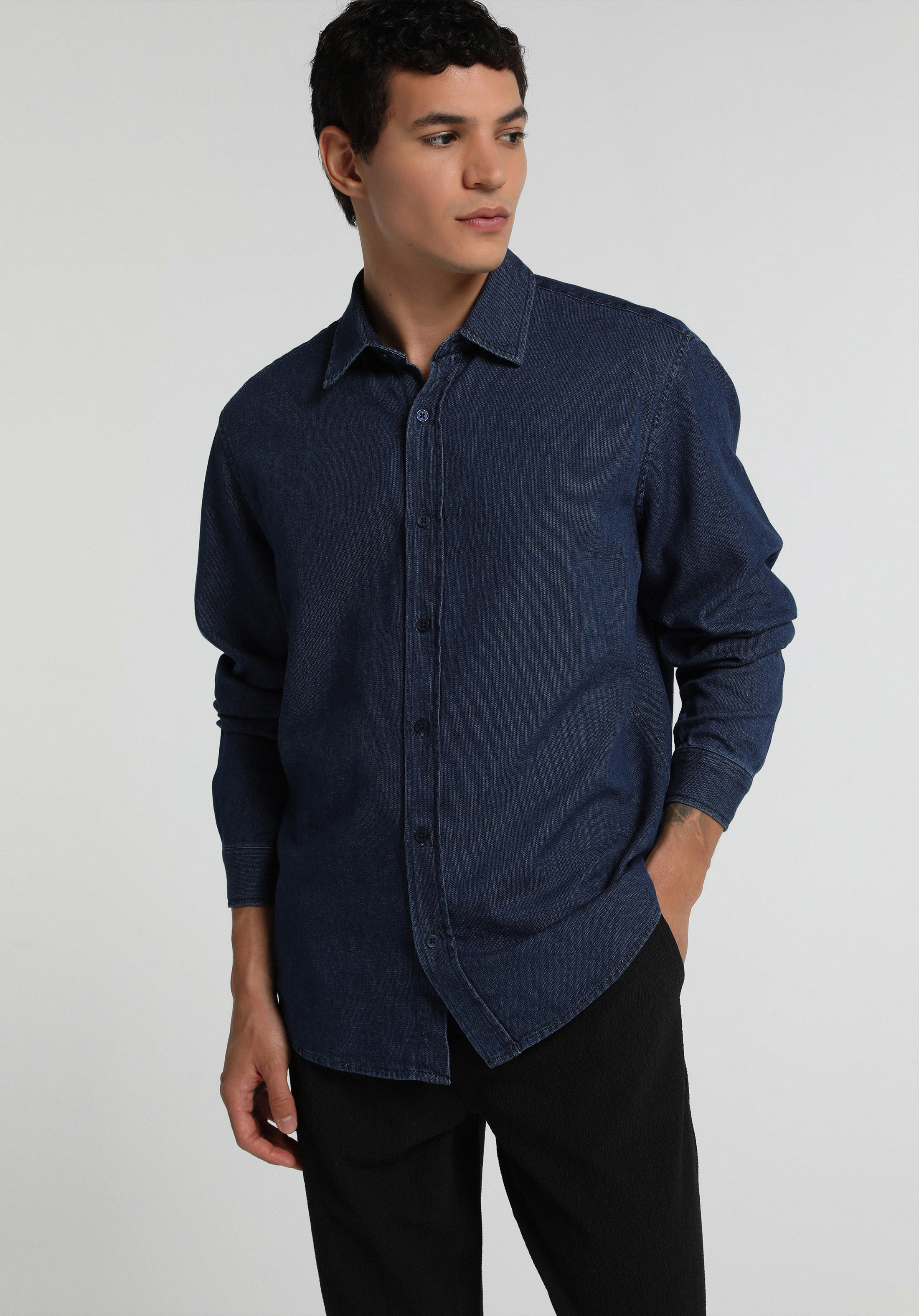 Regular Fit Shirt Neck Düz Erkek Mavi Uzun Kol Gömlek