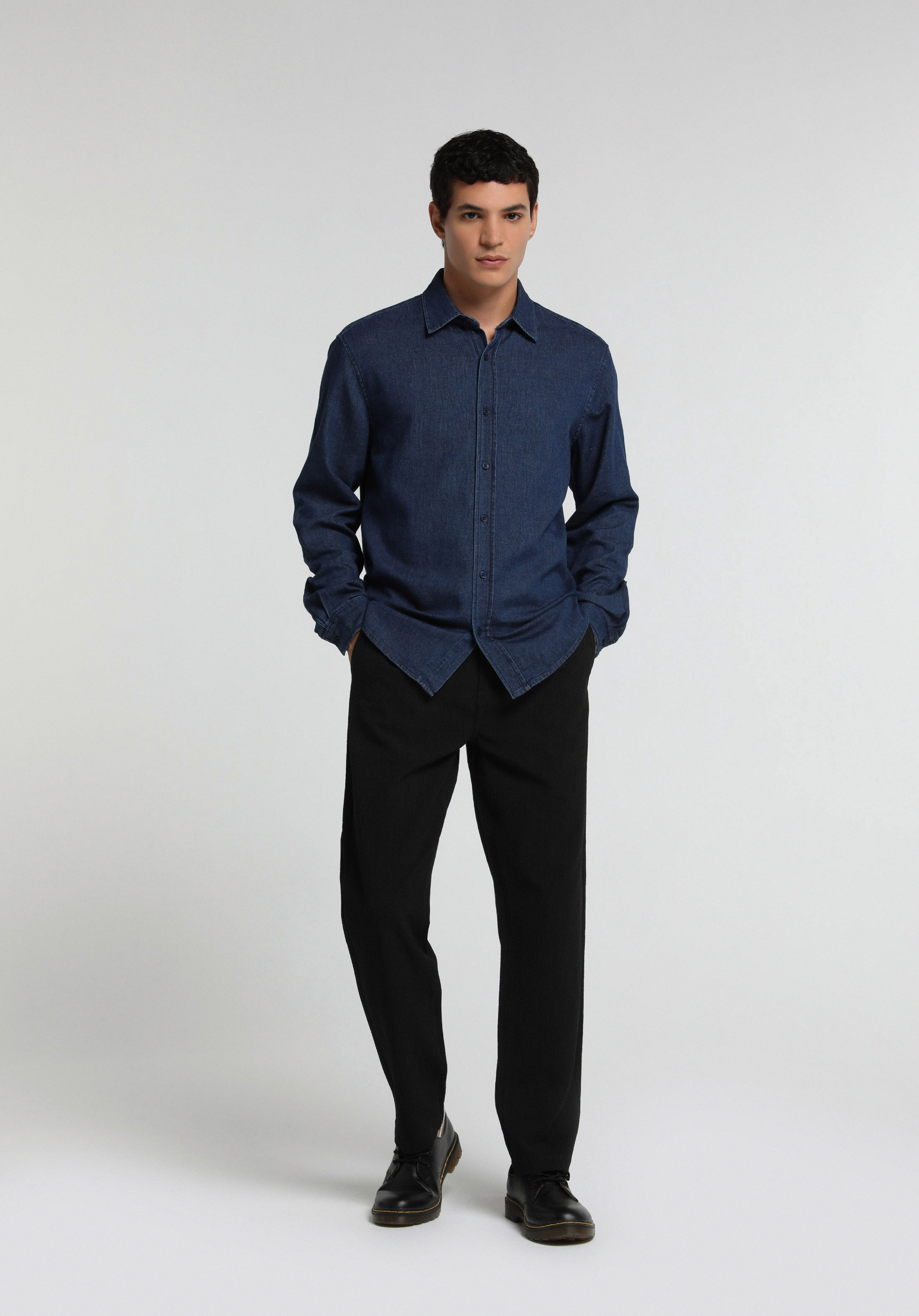 Regular Fit Shirt Neck Düz Erkek Mavi Uzun Kol Gömlek