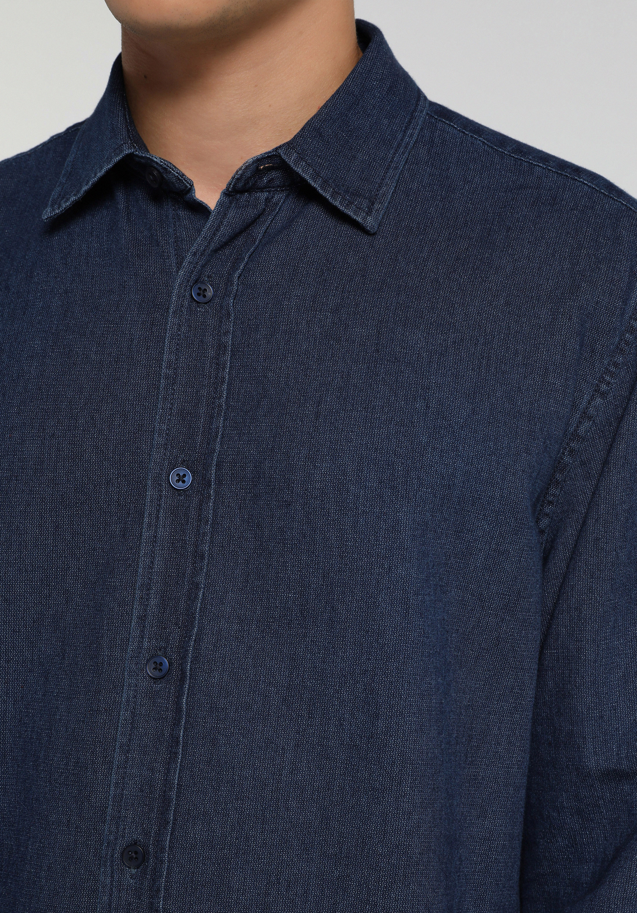 Regular Fit Shirt Neck Düz Erkek Mavi Uzun Kol Gömlek