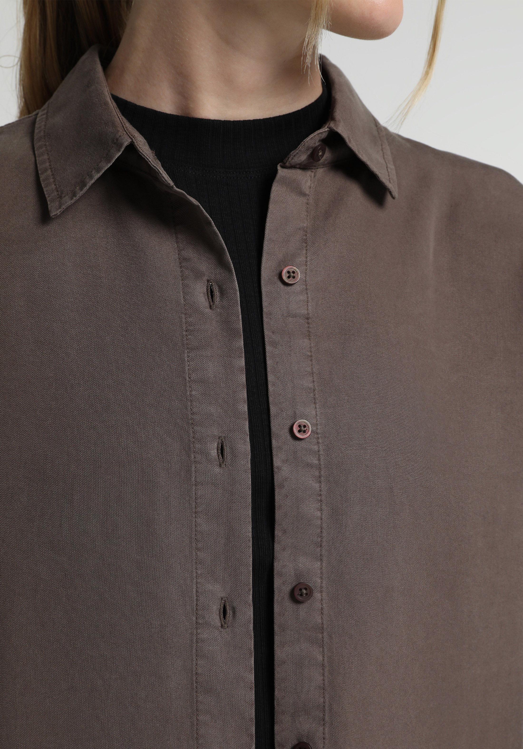 Boyfriend Fit Shirt Neck Düz Kadın Kahverengi Uzun Kol Gömlek