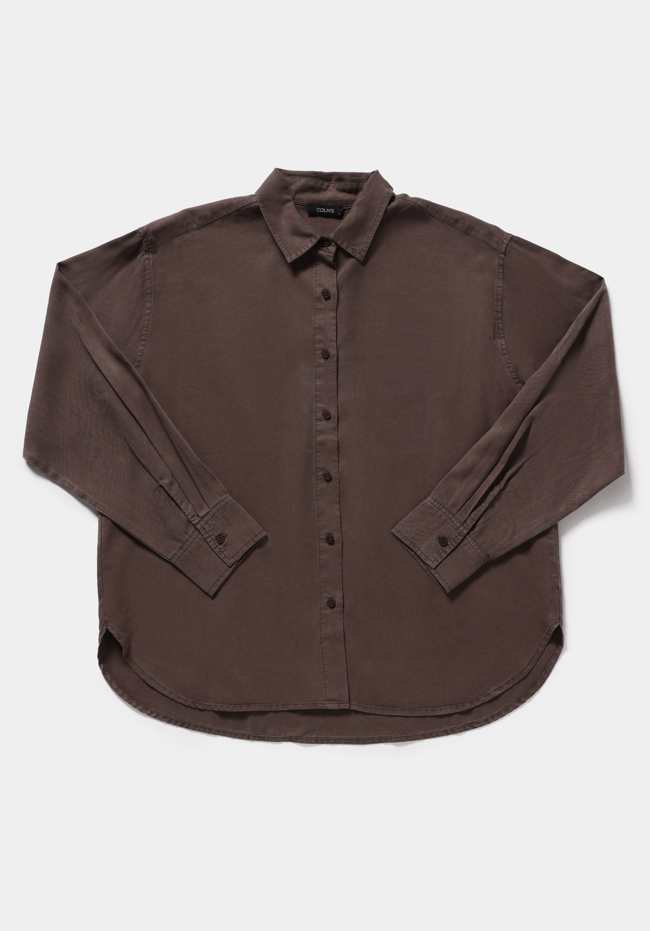 Boyfriend Fit Shirt Neck Düz Kadın Kahverengi Uzun Kol Gömlek