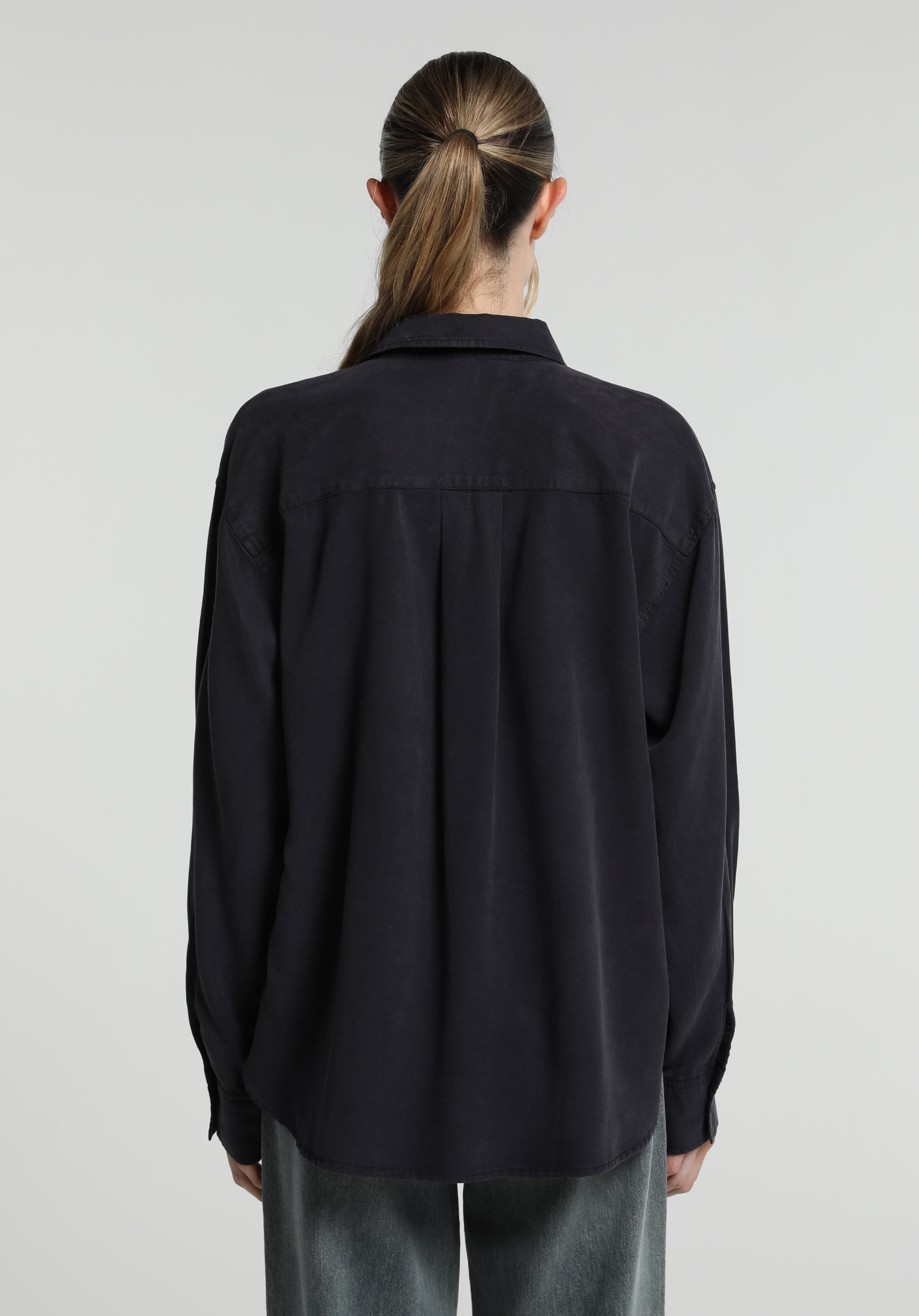 Boyfriend Fit Shirt Neck Düz Kadın Lacivert Uzun Kol Gömlek