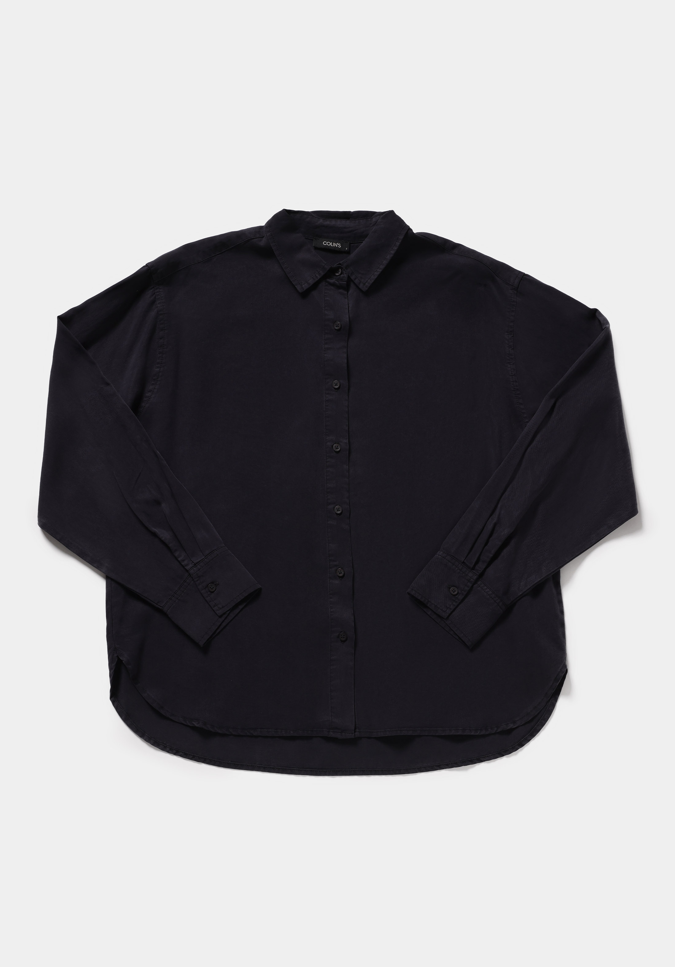 Boyfriend Fit Shirt Neck Düz Kadın Lacivert Uzun Kol Gömlek