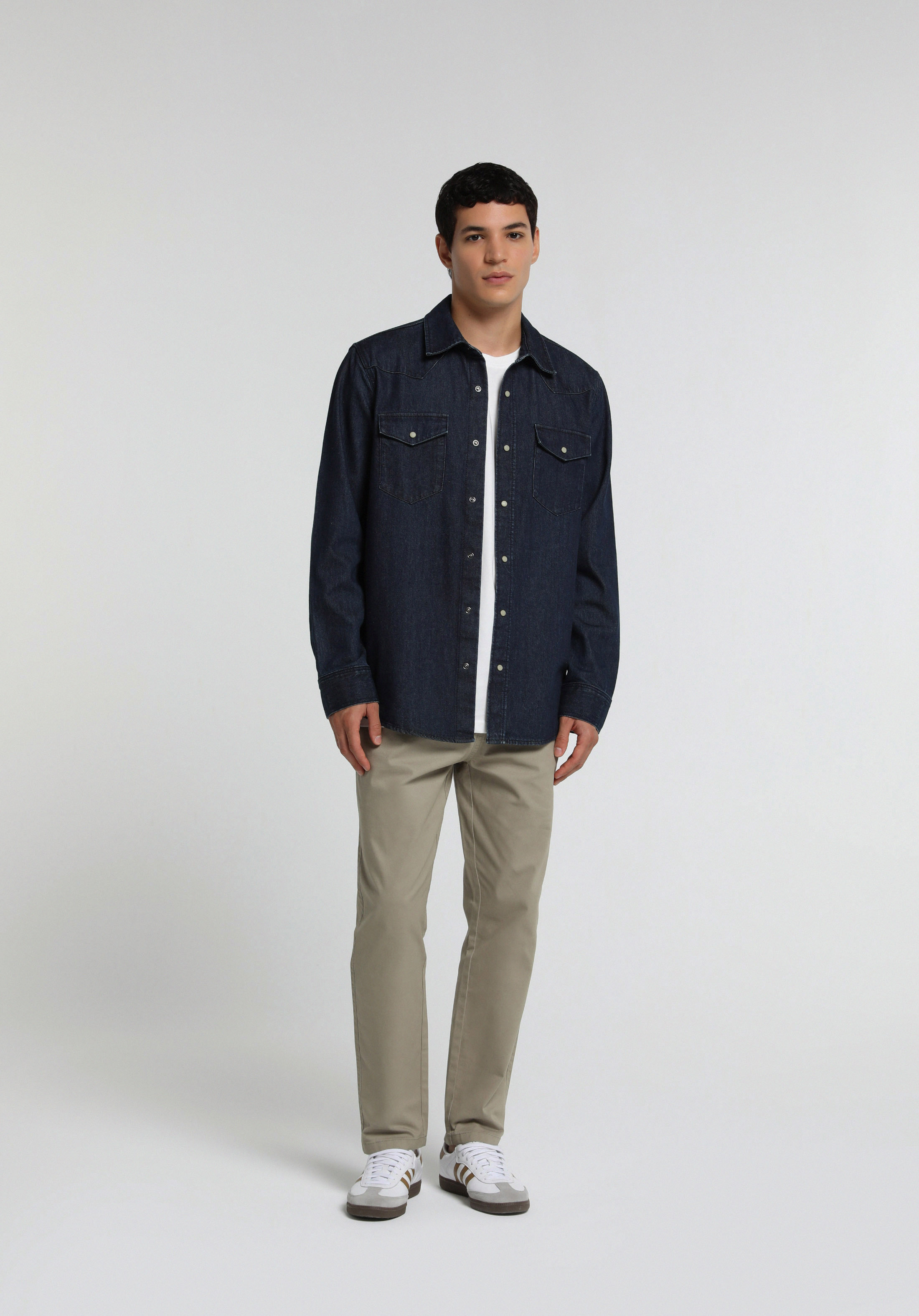 Regular Fit Klasik Yaka Düz Erkek Dark İndigo Denim Uzun Kol Gömlek
