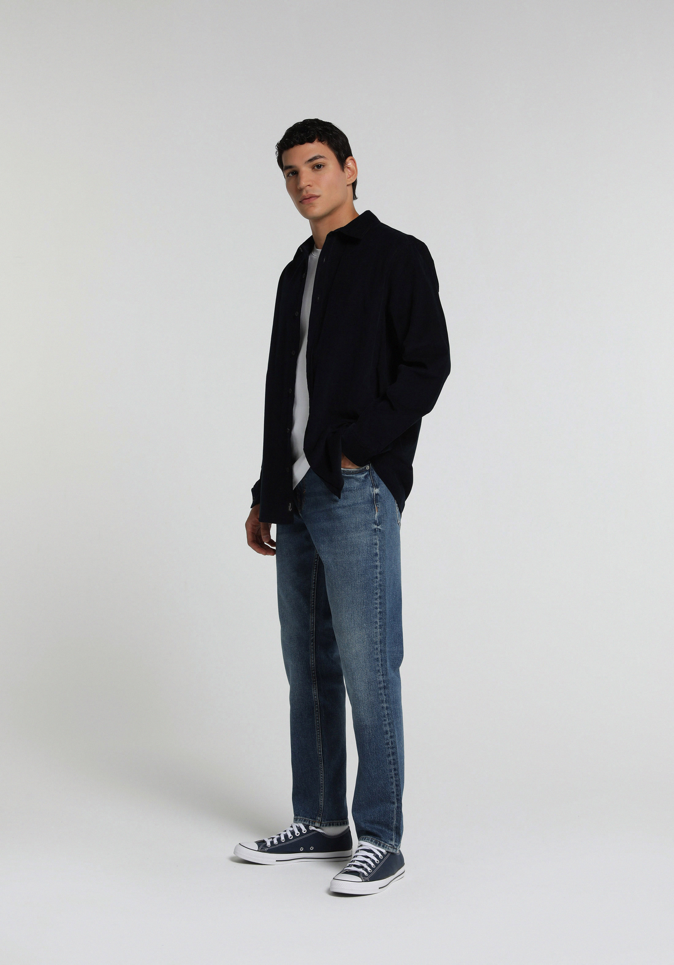 Regular Fit Shirt Neck Düz Erkek Lacivert Uzun Kol Gömlek