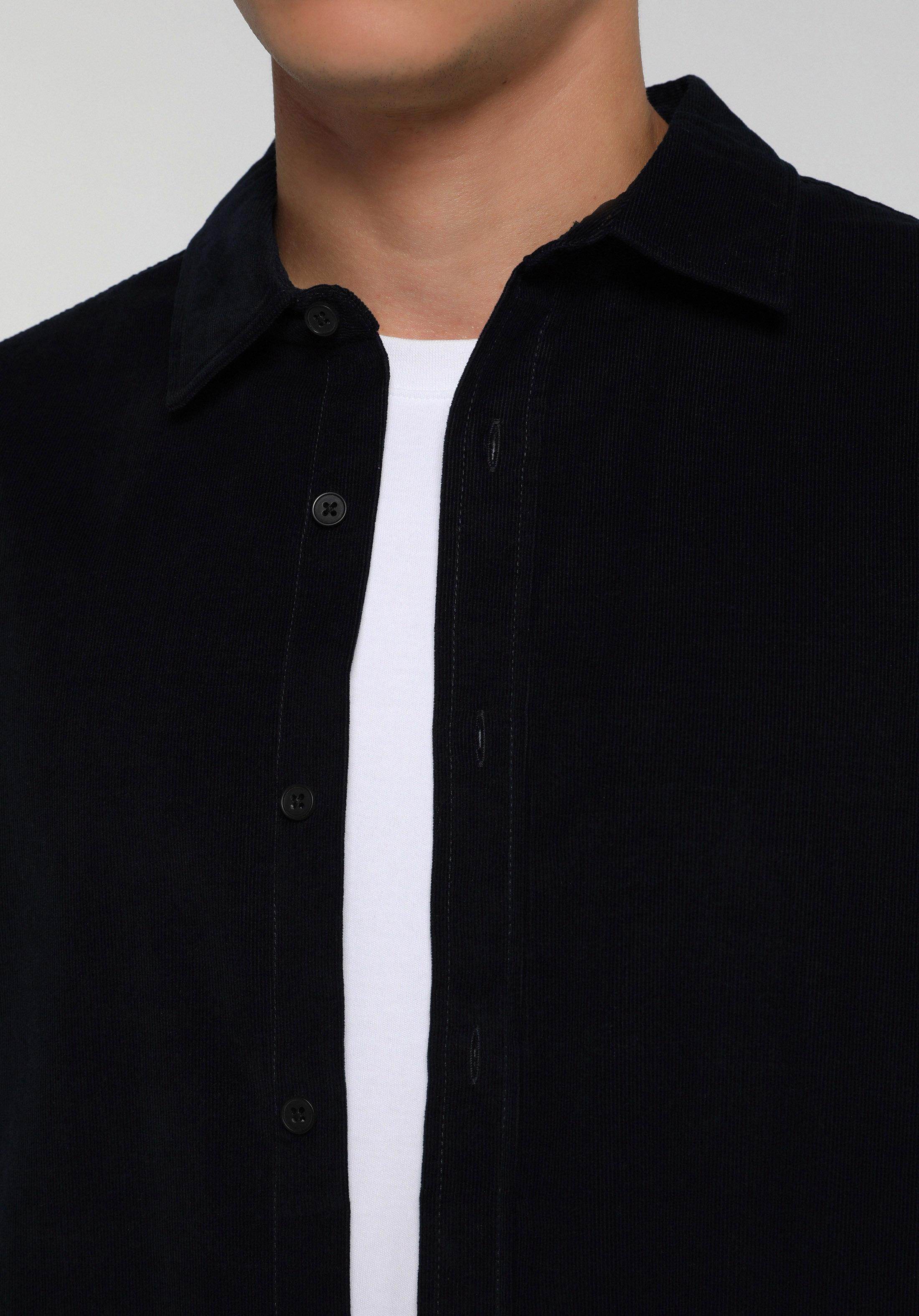 Regular Fit Shirt Neck Düz Erkek Lacivert Uzun Kol Gömlek