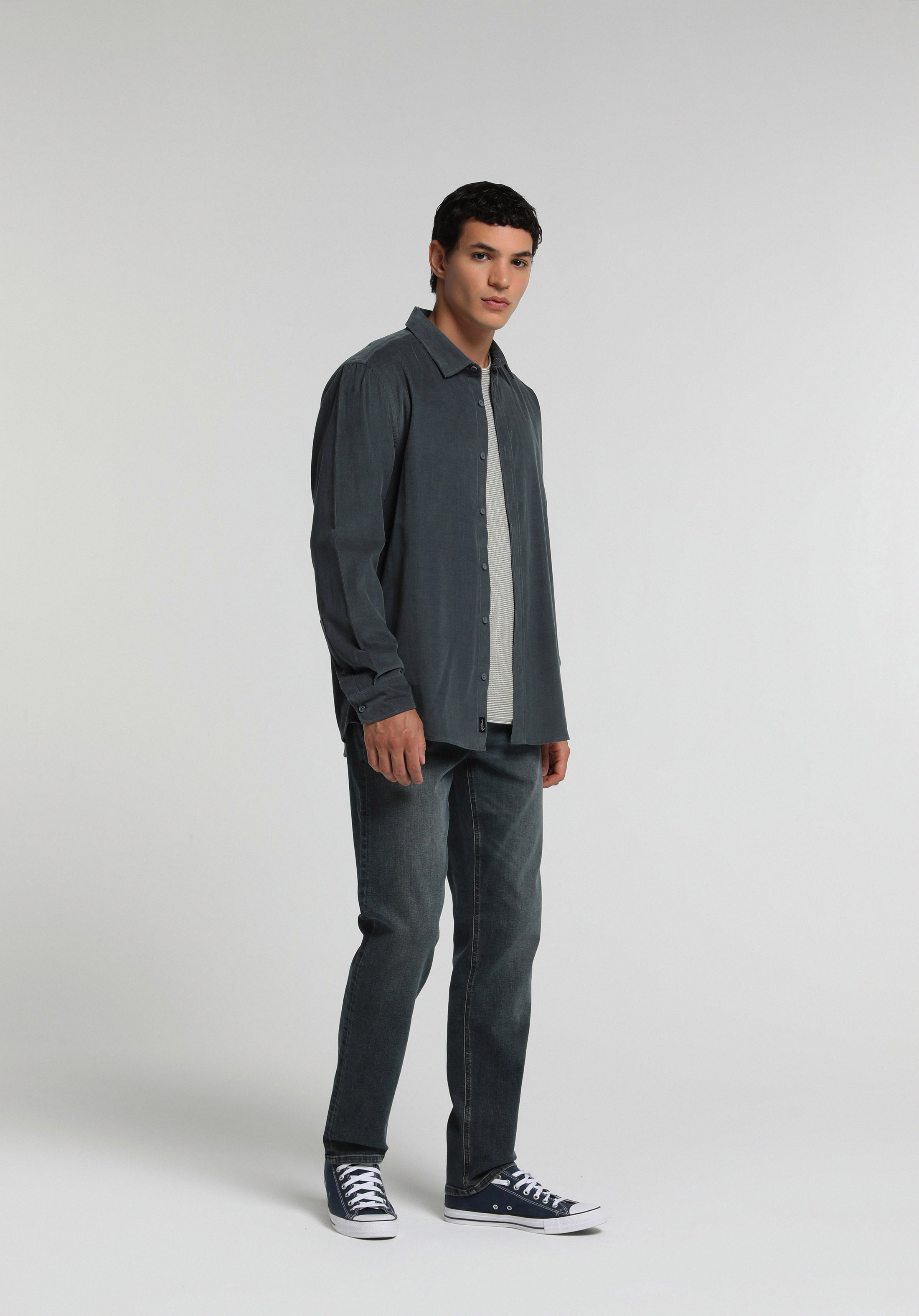Regular Fit Shirt Neck Düz Erkek Yeşil Uzun Kol Gömlek