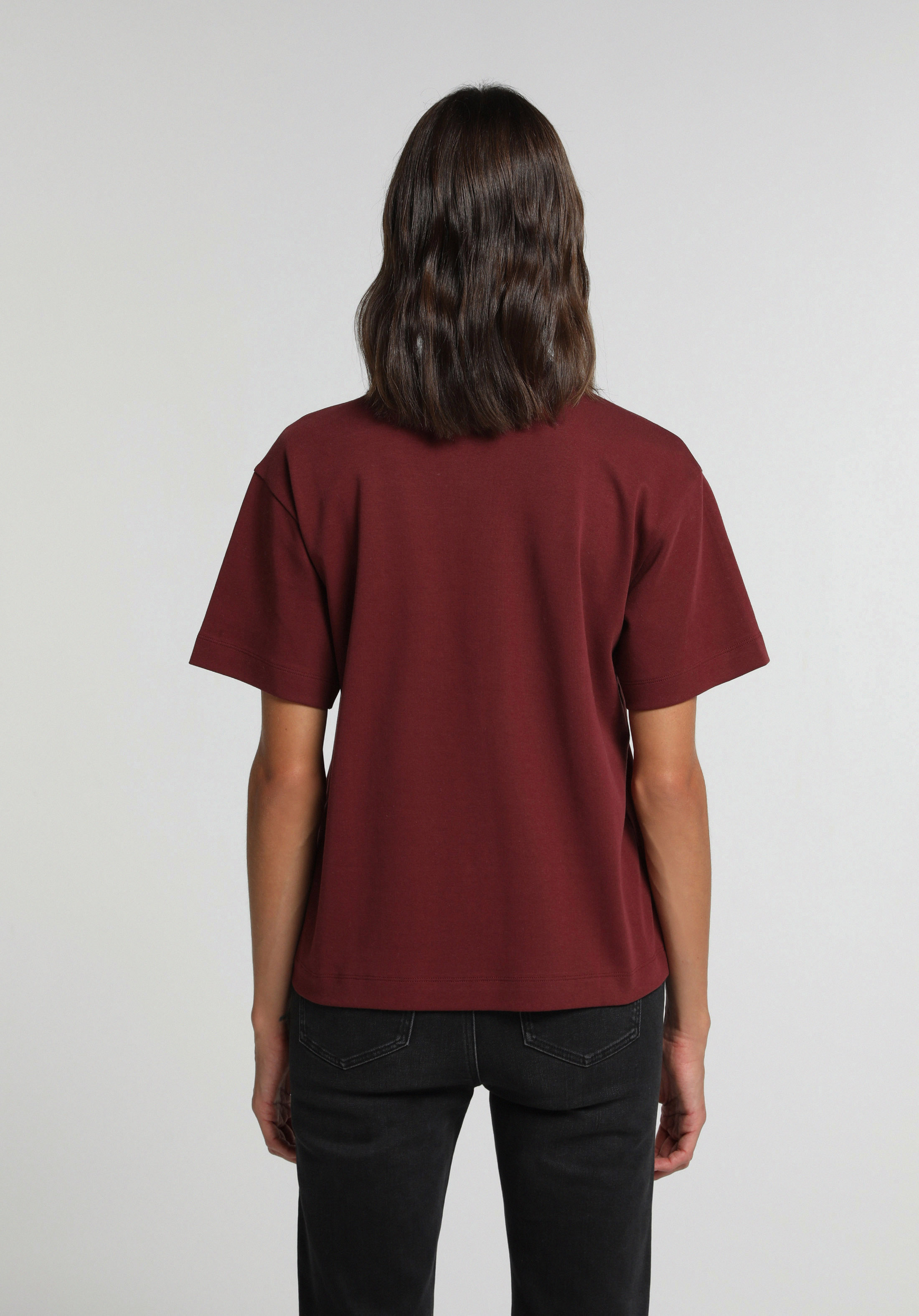 Regular Fit Yuvarlak Yaka Düz Kadın Bordo Kısa Kol Tişört