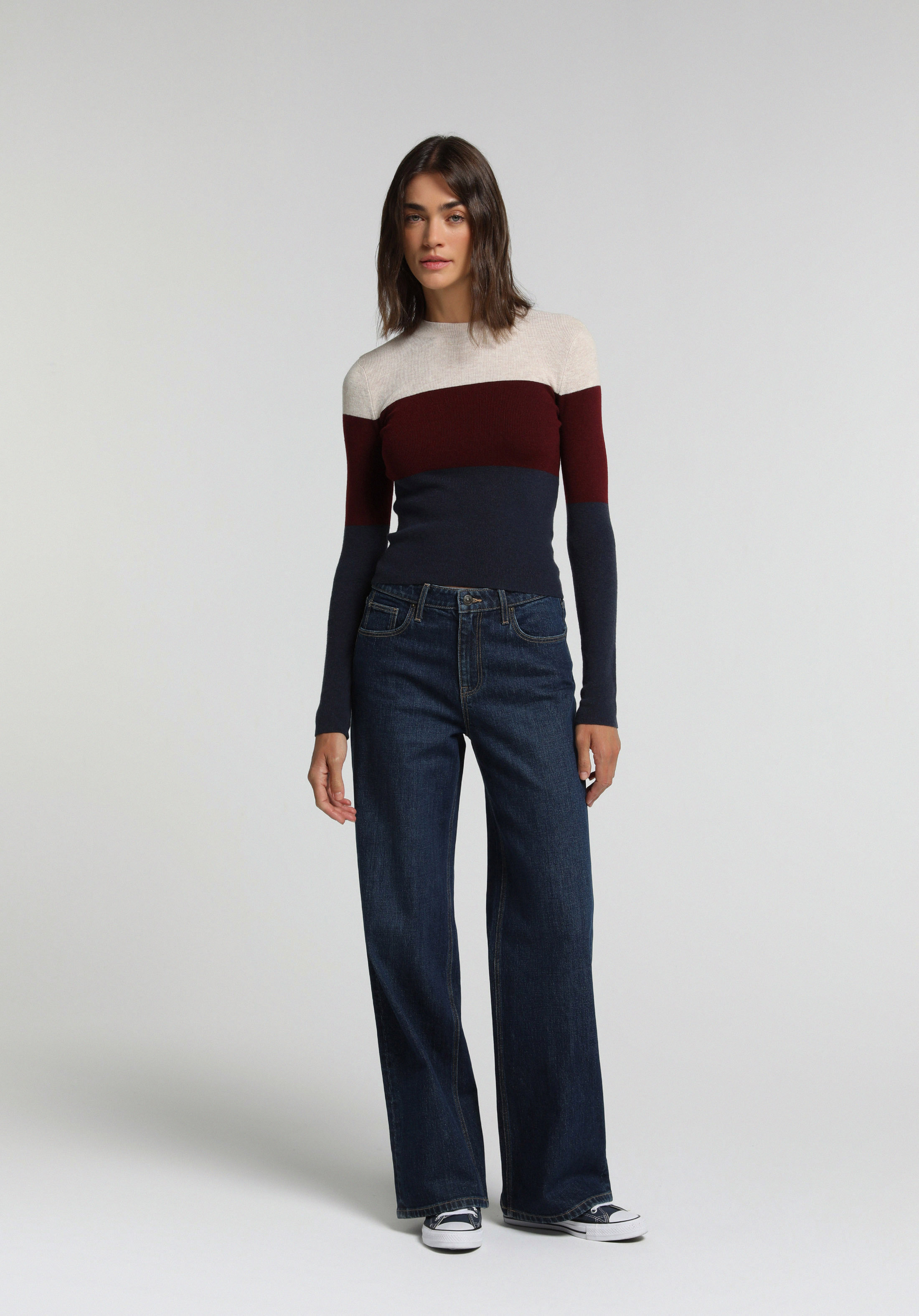 Slim Fit Yuvarlak Yaka Çizgili Kadın Çok Renkli Kazak