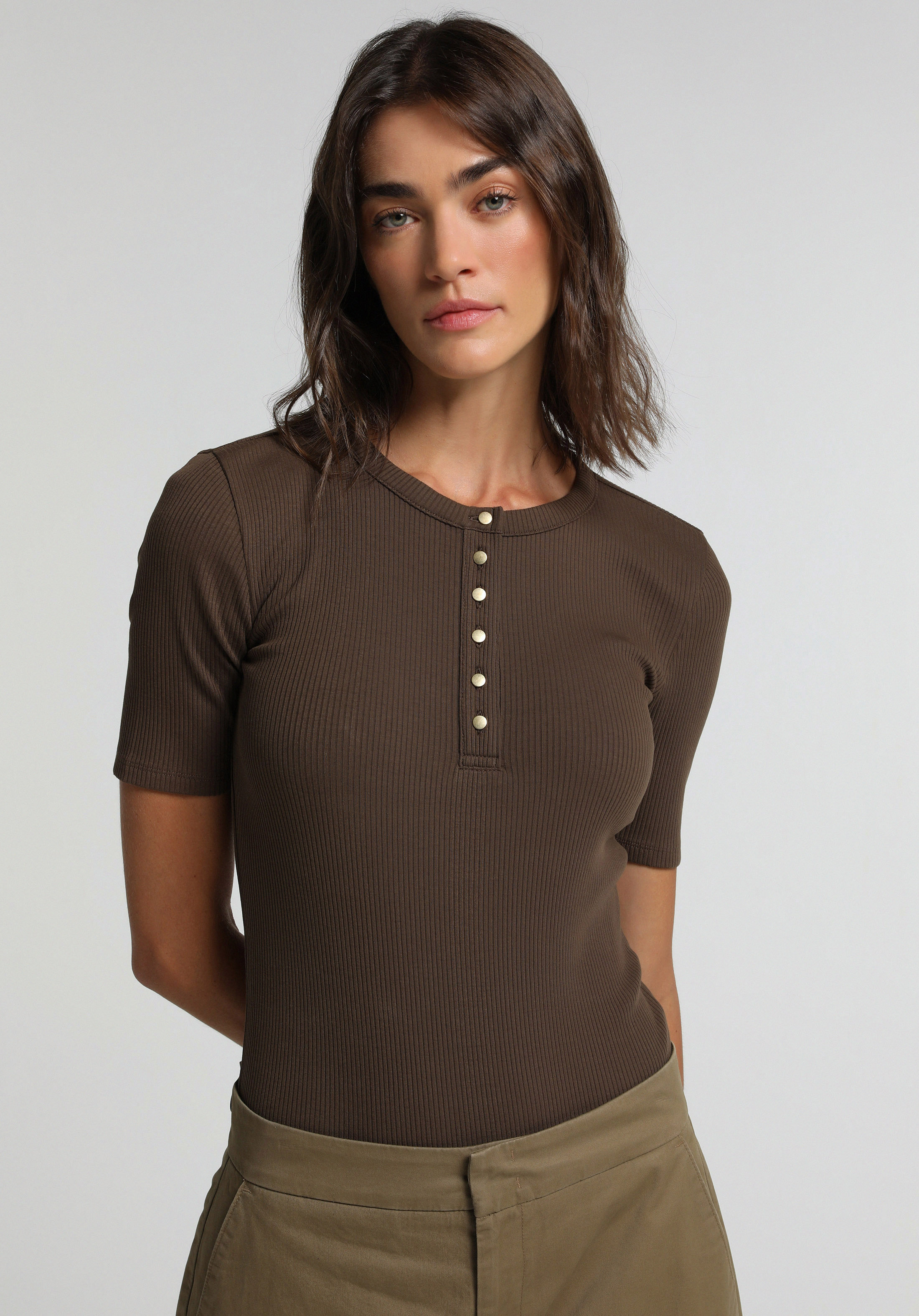 Slim Fit   Kadın Kahverengi  Tişört