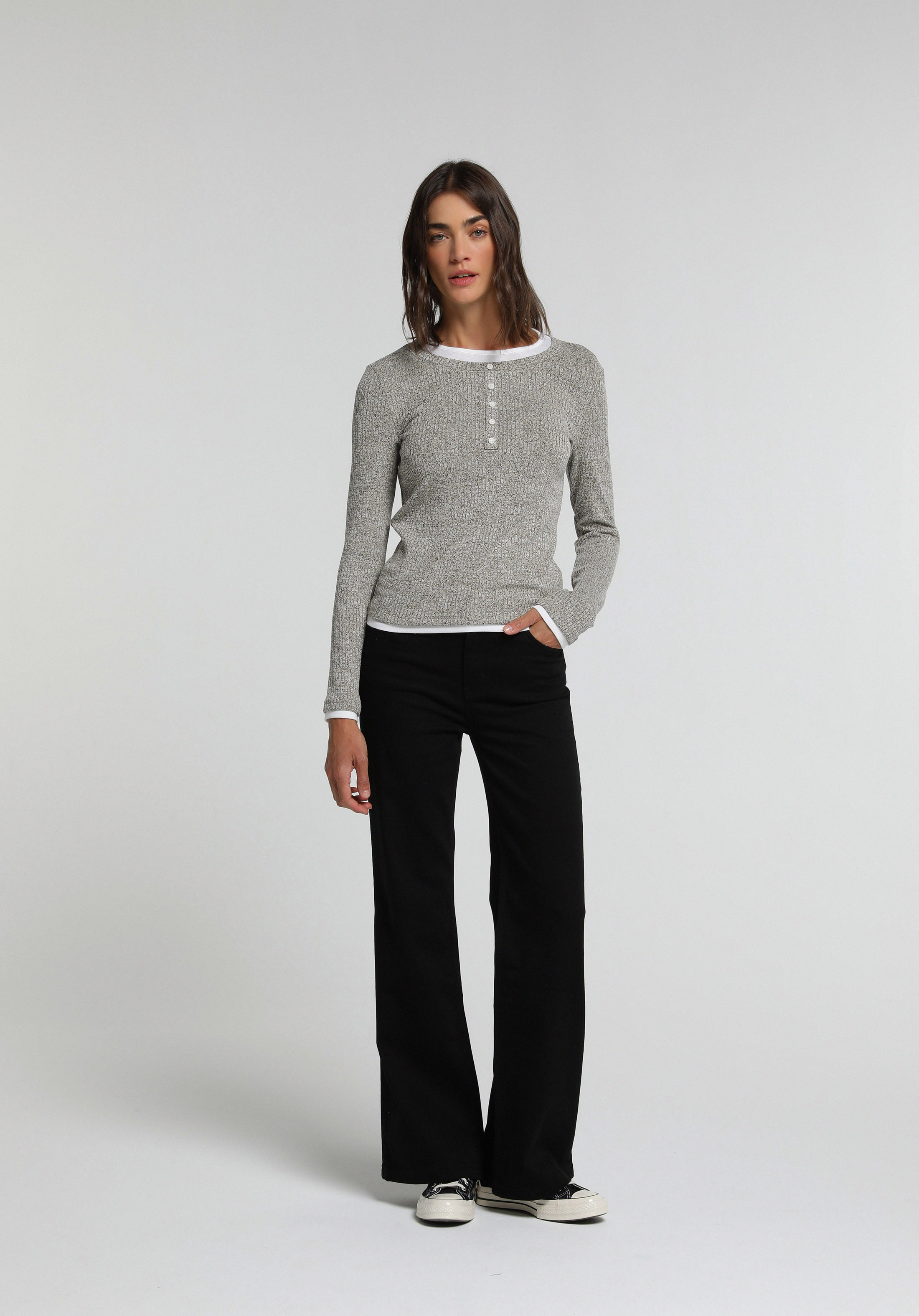 Slim Fit Derin Bisiklet Yaka Düz Kadın Kahverengi Uzun Kol Tişört
