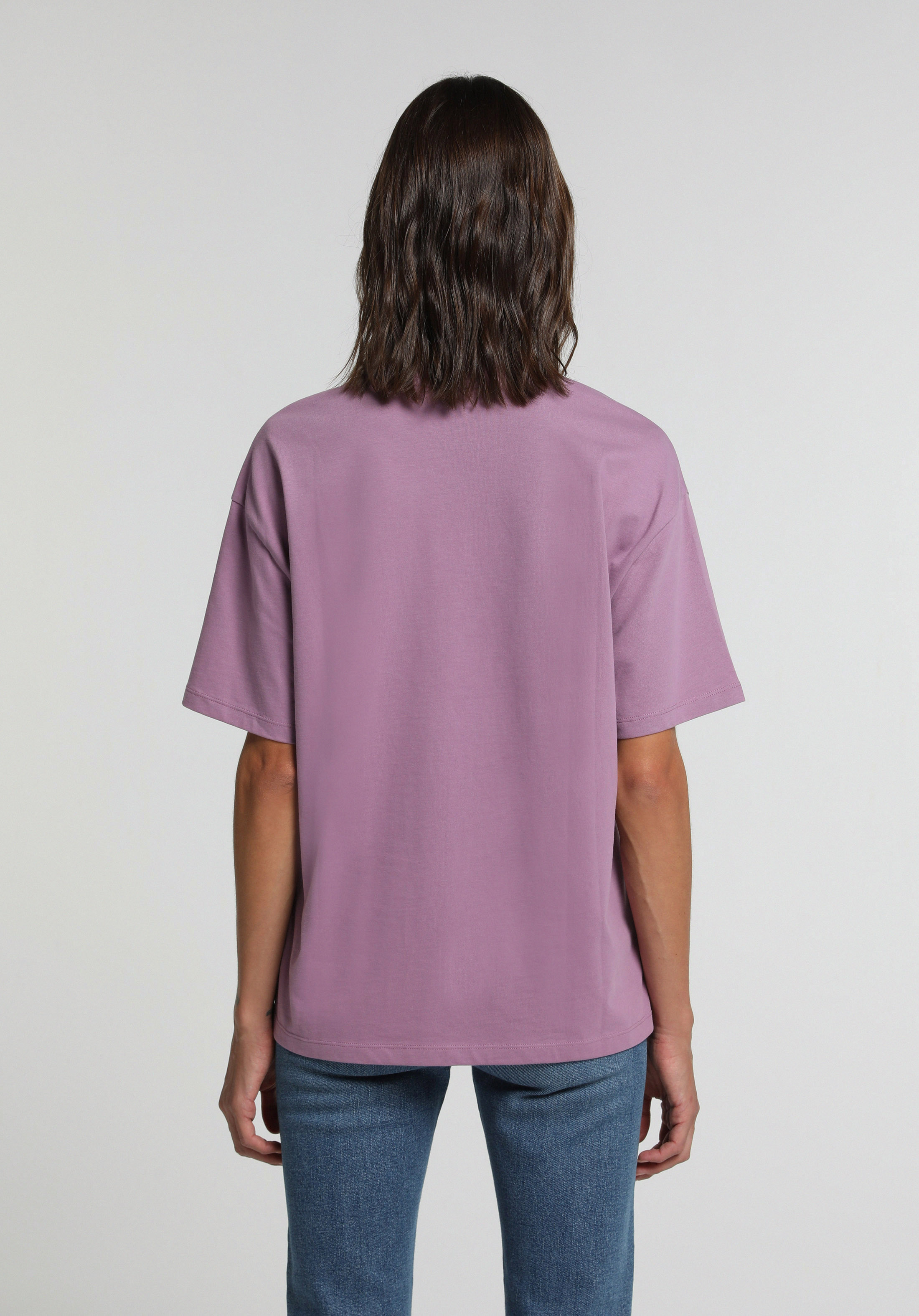 Oversize Fit Yuvarlak Yaka Baskılı Kadın Mor Kısa Kol Tişört