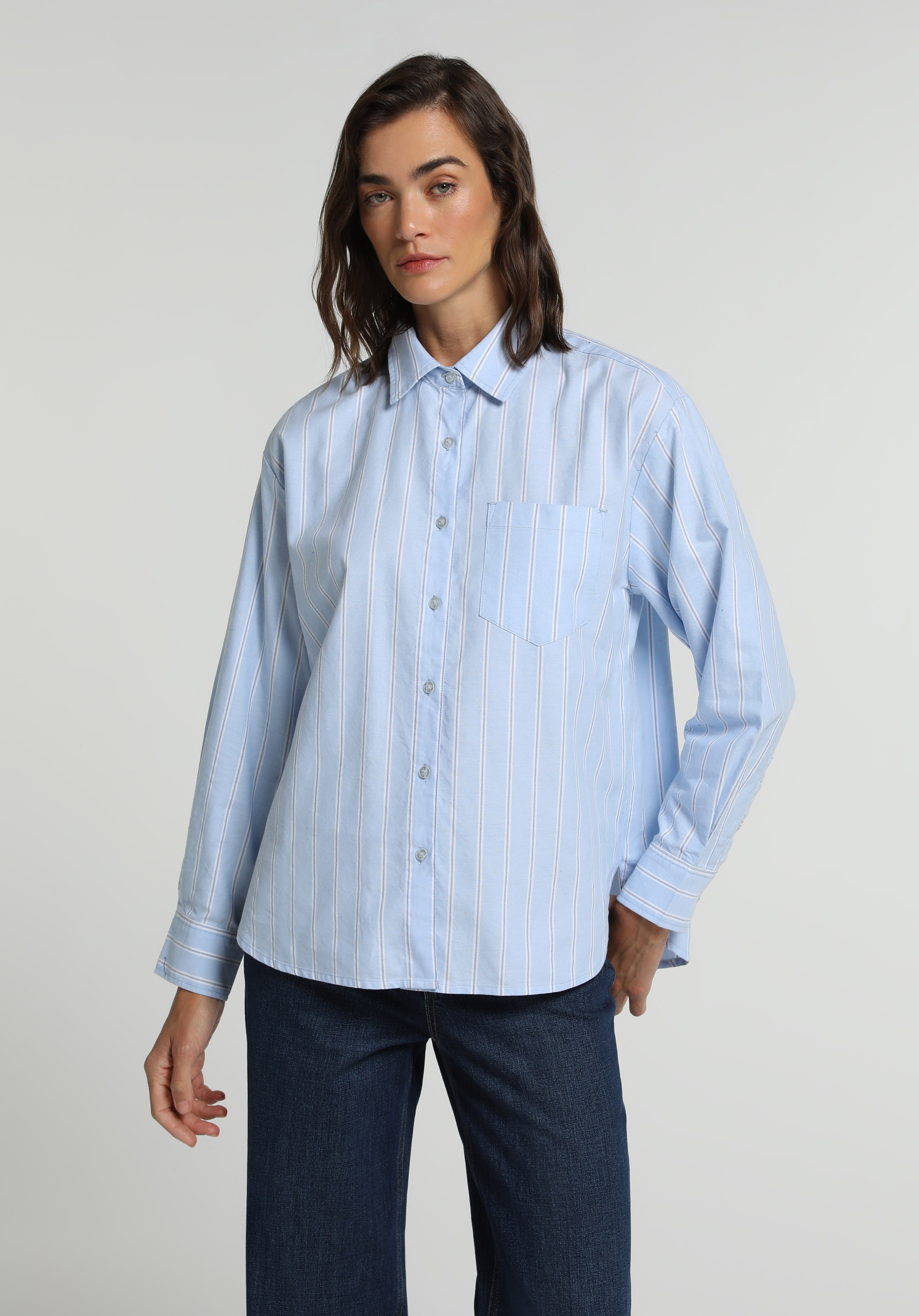 Boyfriend Fit Shirt Neck Çizgili Kadın Mavi Uzun Kol Gömlek